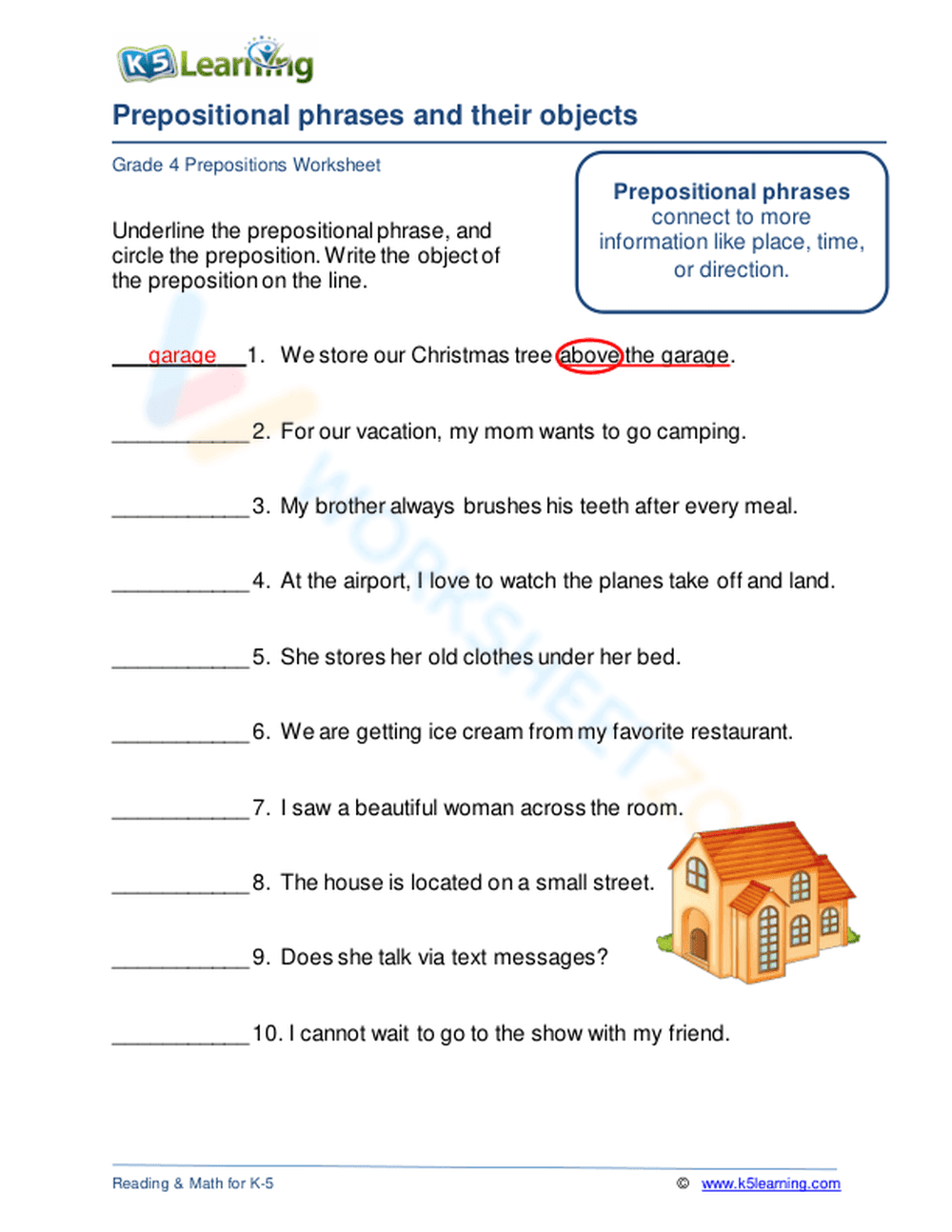Prepositional Phrases Worksheet | Essential Grade 4 ELA - Page 1