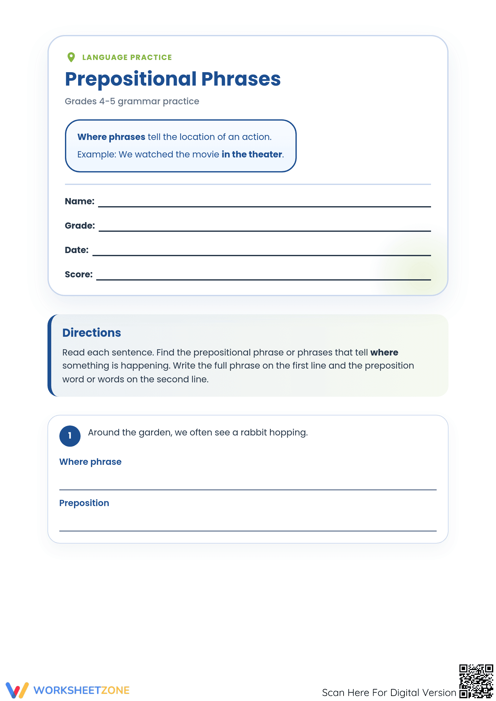Essential Prepositional Phrases Worksheet | Grades 4-5 - Page 1