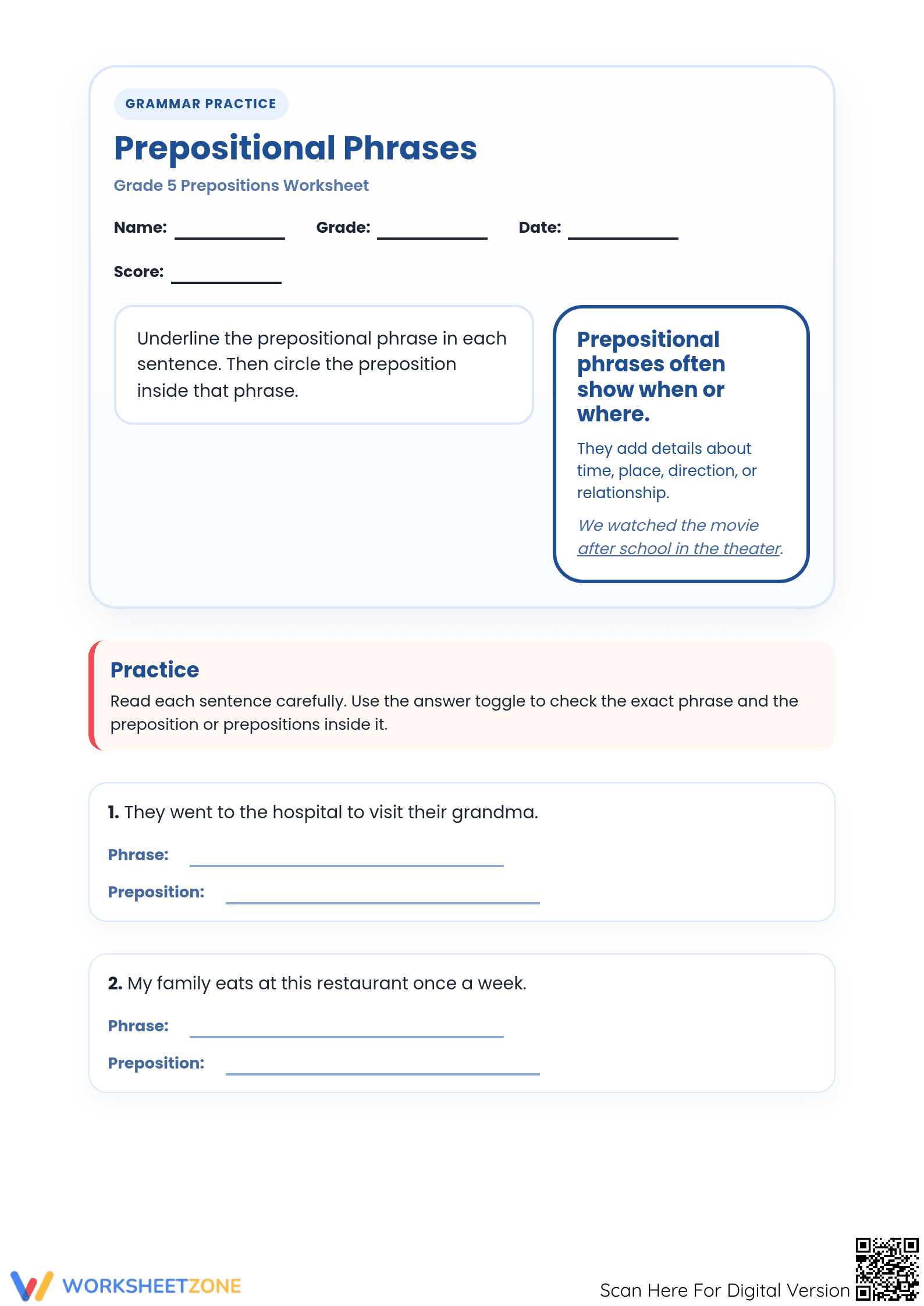 Prepositional Phrases Worksheet | Grade 5 Essential - Page 1
