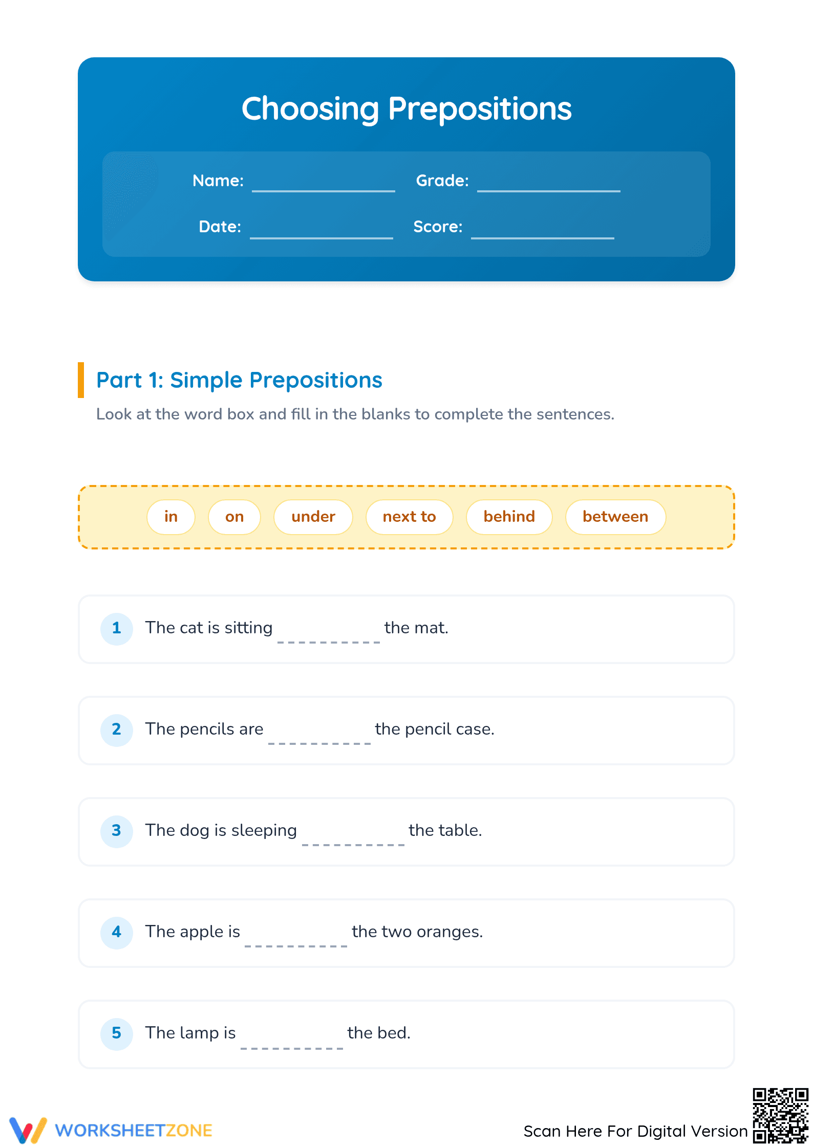 Grade 1 Prepositions — Printable No-Prep Worksheet - Page 1