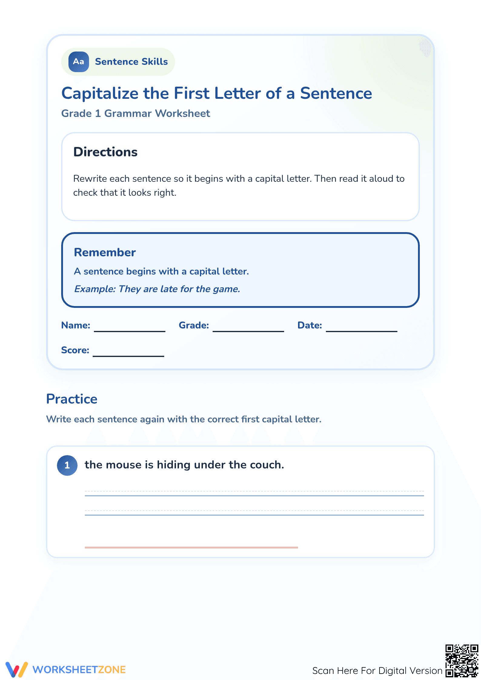 Essential Grade 1 Sentence Capitalization Worksheet - Page 1