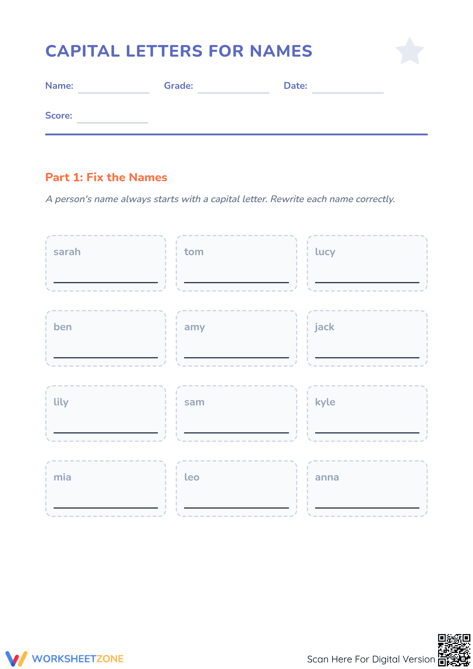 Essential Capital Letters for Names Worksheet | Grade 1 - Page 1