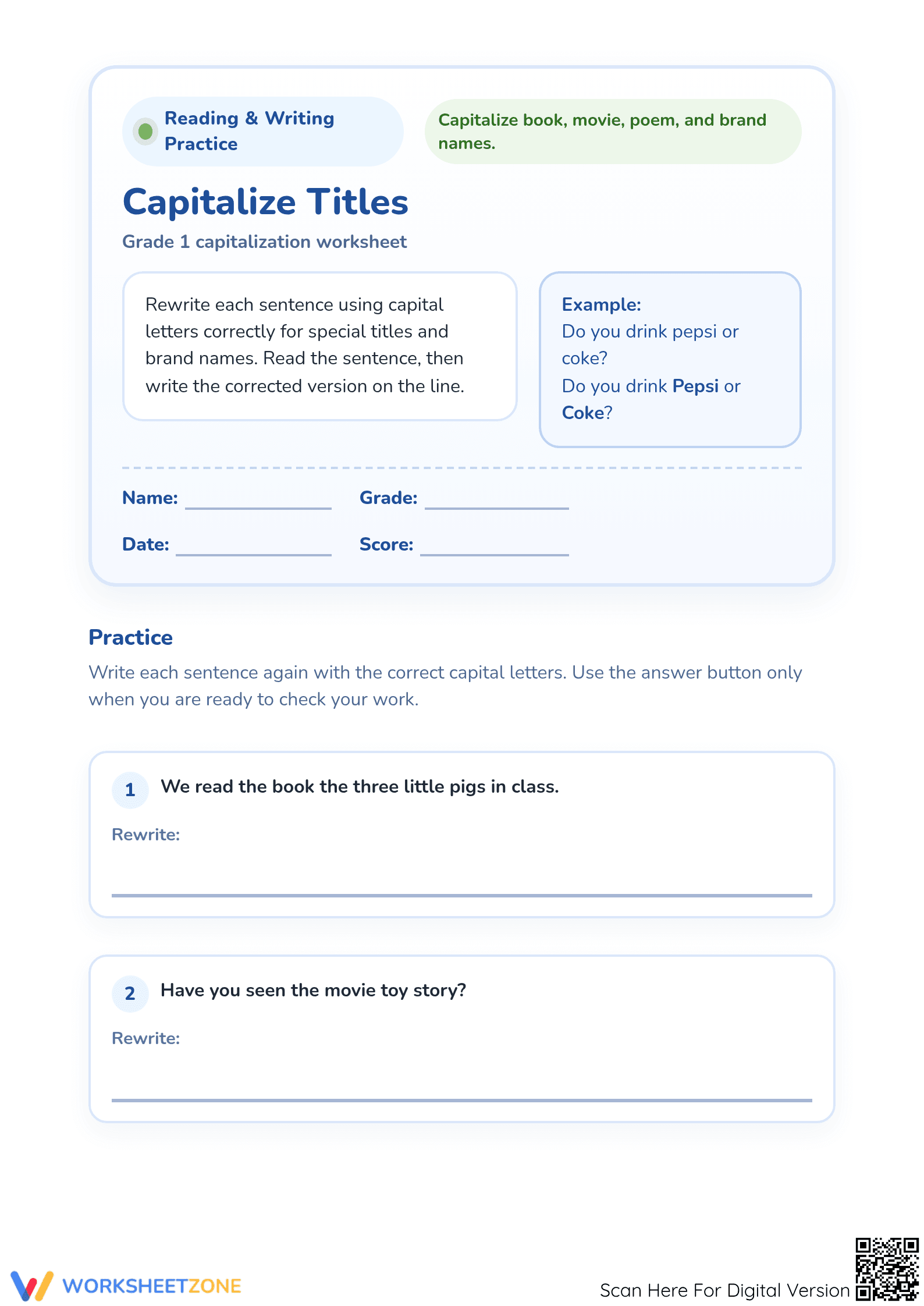 Capitalize Titles Worksheet | Grade 1 Essential Practice - Page 1