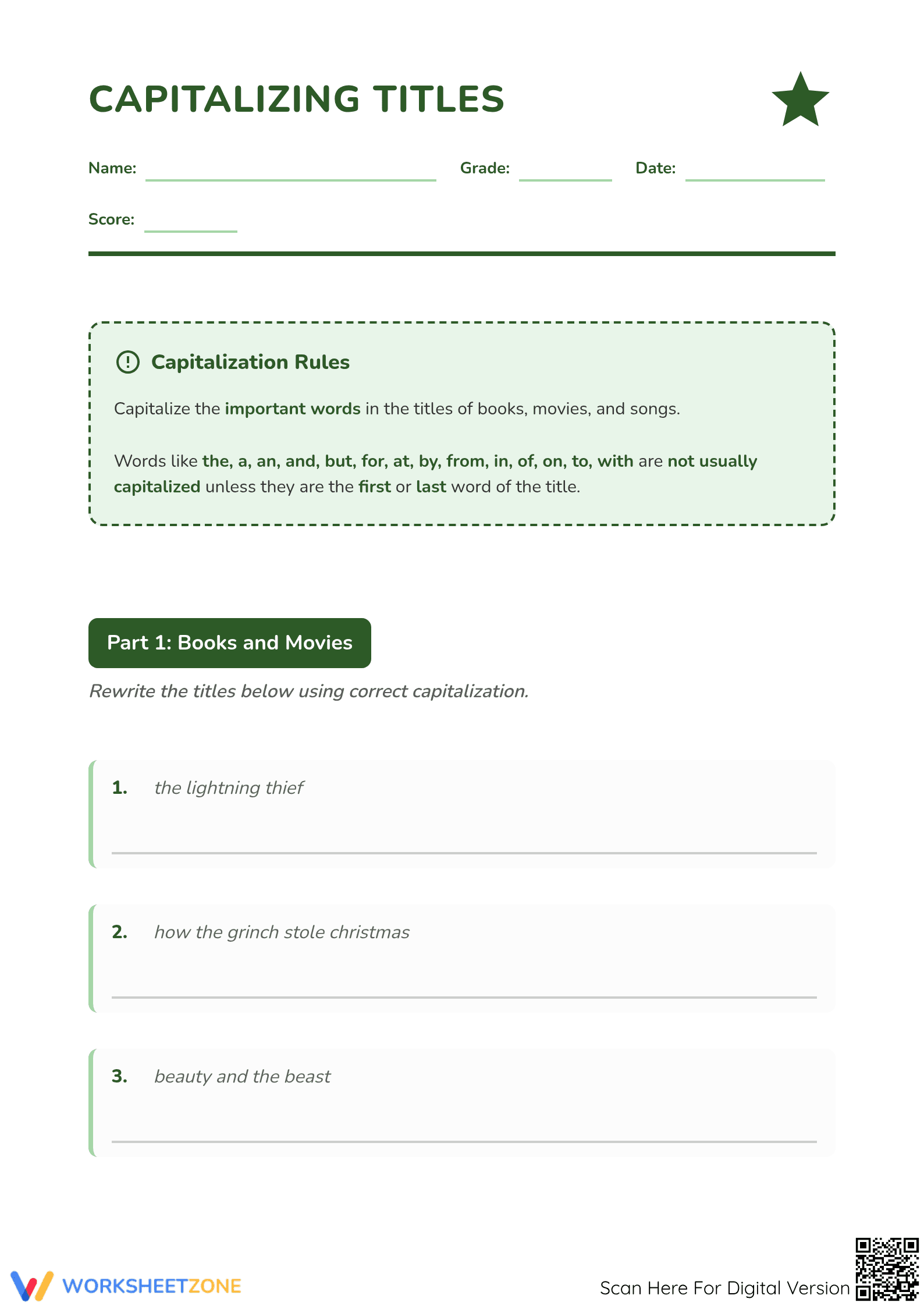Capitalizing Titles Worksheet | Grade 1 Essential Practice - Page 1
