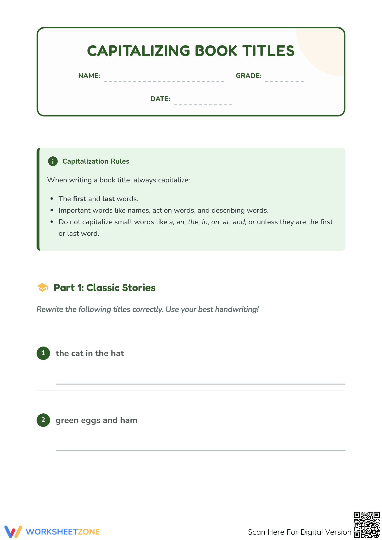 Capitalizing Book Titles Worksheet | Grade 1 Essential - Page 1