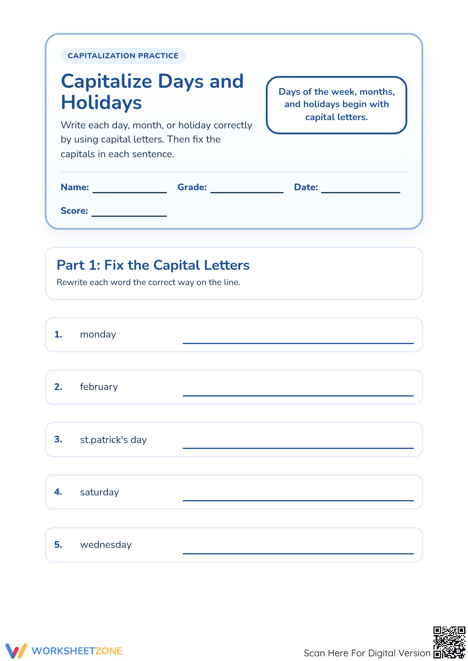Capitalize Days and Holidays | Essential Grade 1 ELA - Page 1