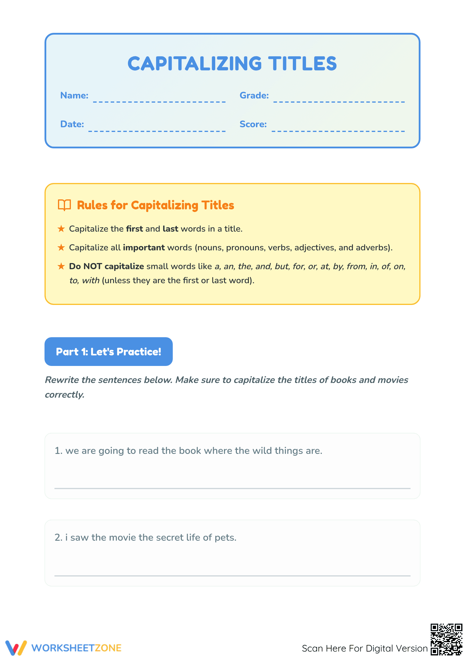 Capitalizing Titles Worksheet | Grade 1 Essential ELA - Page 1