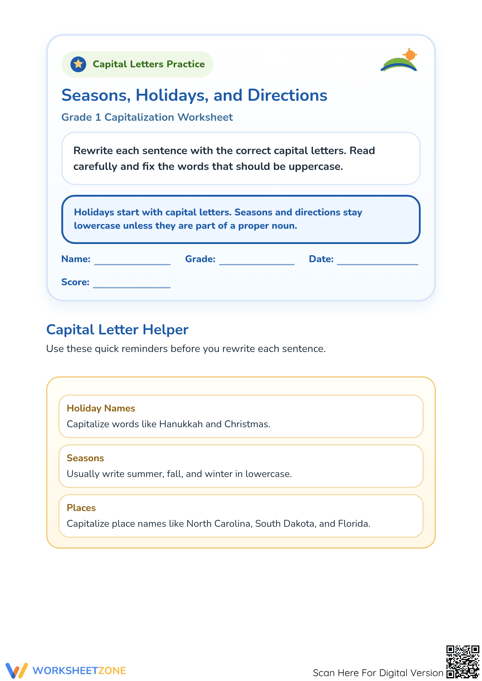 Grade 1 Capitalization Worksheet | Essential Printable - Page 1