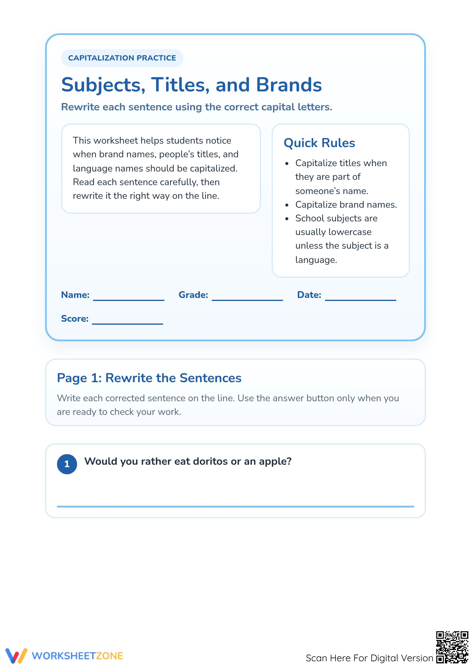 Essential Grade 1 Capitalization: Brands and Titles - Page 1