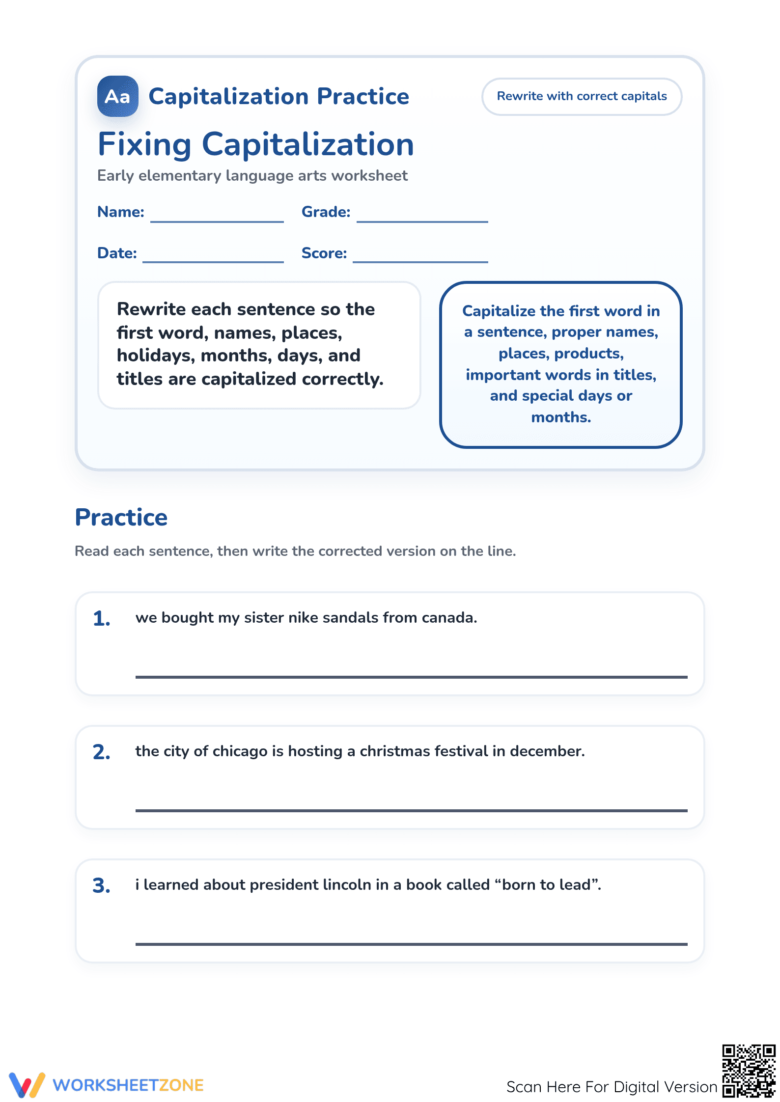 Grade 1 Capitalization Practice — Printable Worksheet - Page 1