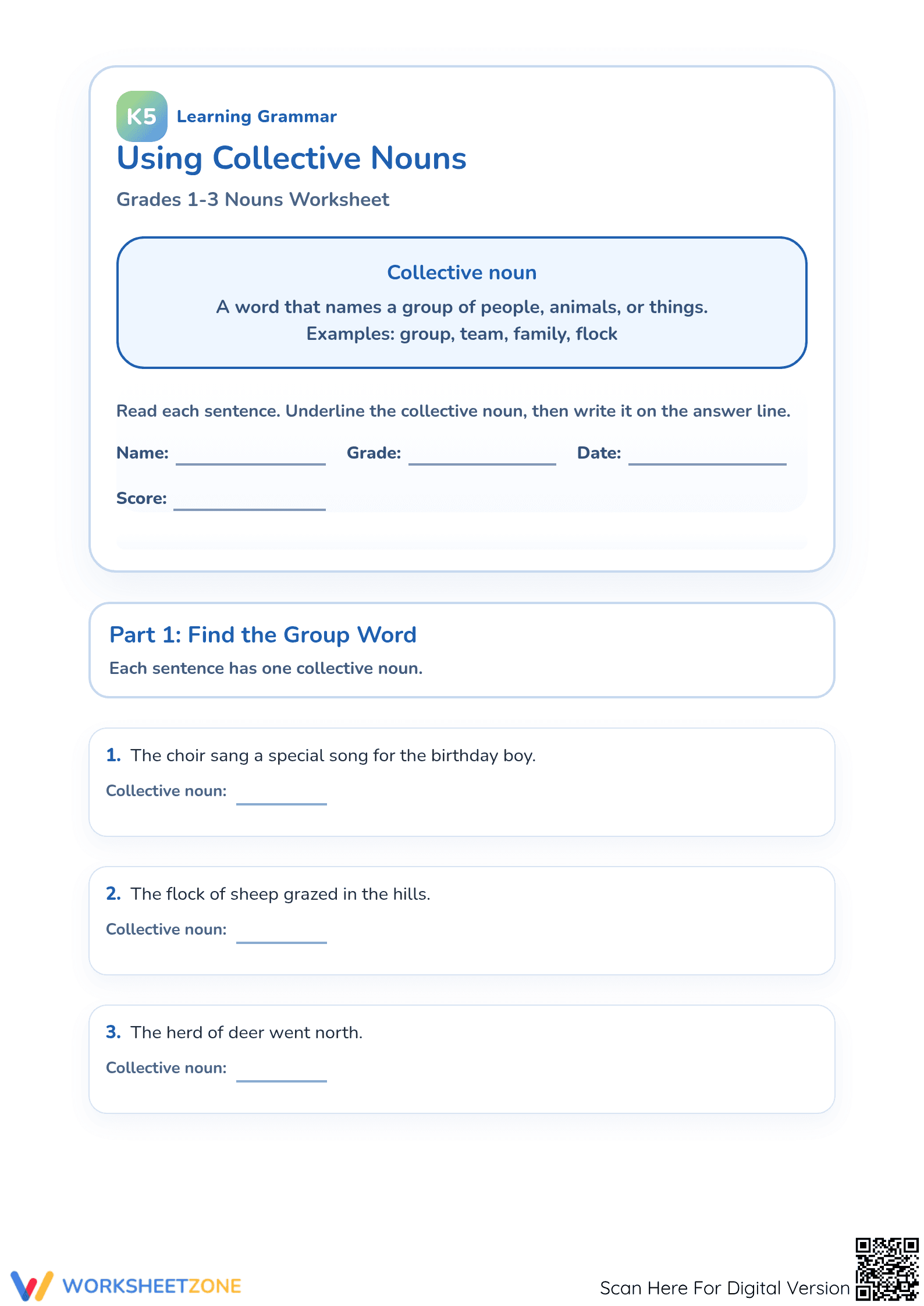 Essential Collective Nouns Worksheet | Grades 1-3 ELA - Page 1