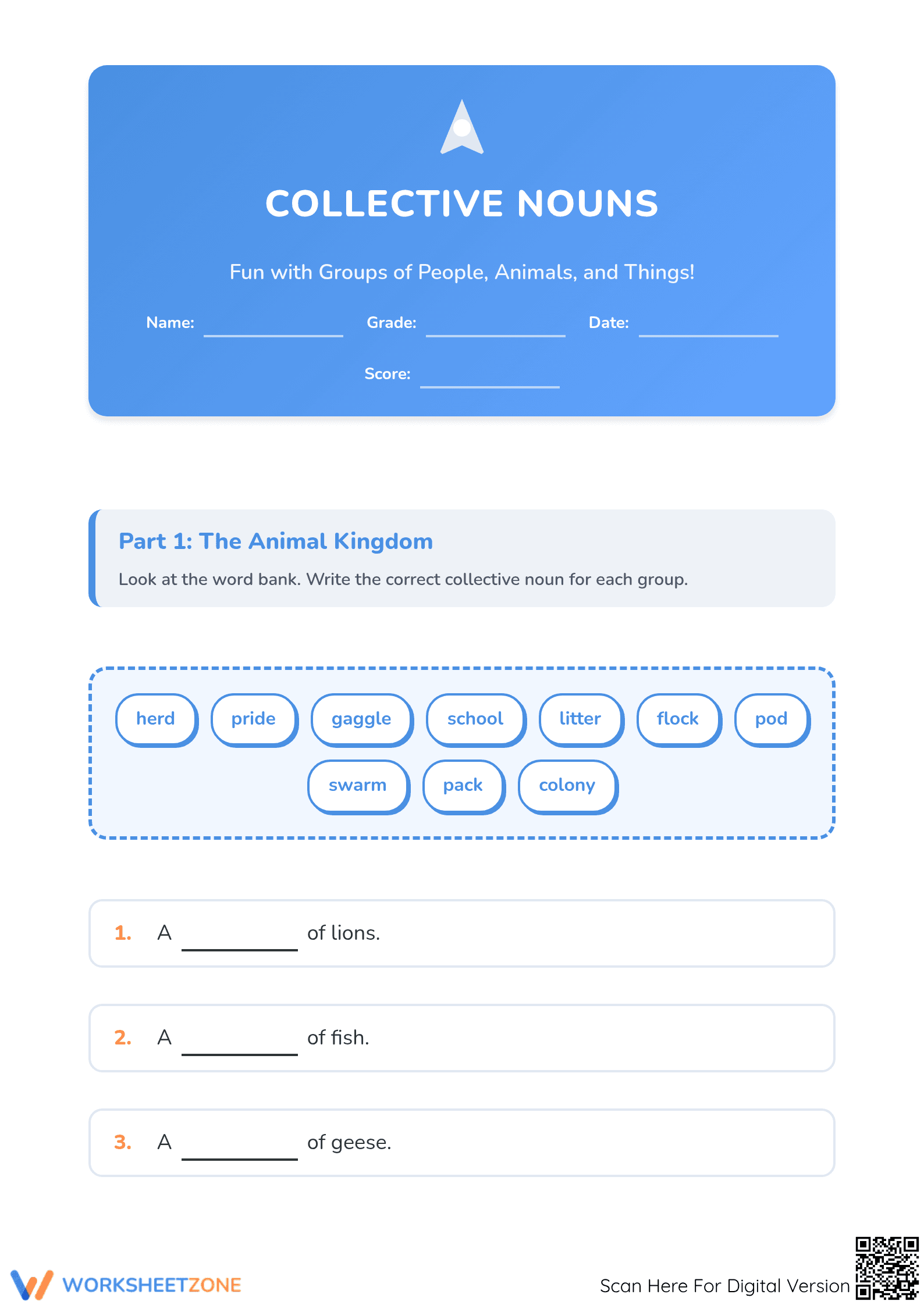 Grade 1 Collective Nouns — Printable No-Prep Worksheet - Page 1
