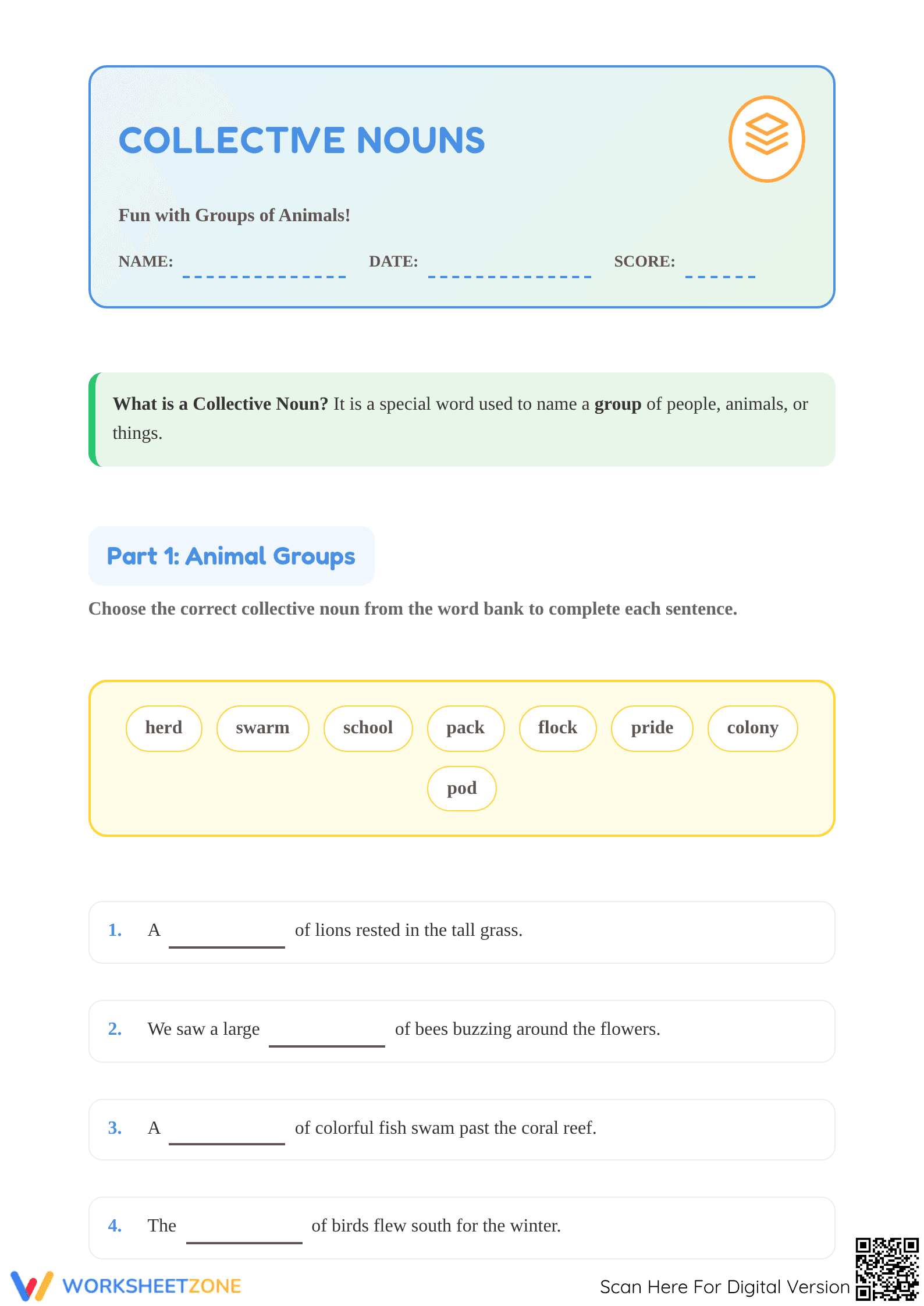 Collective Nouns Worksheet | Grade 1 Essential Practice - Page 1