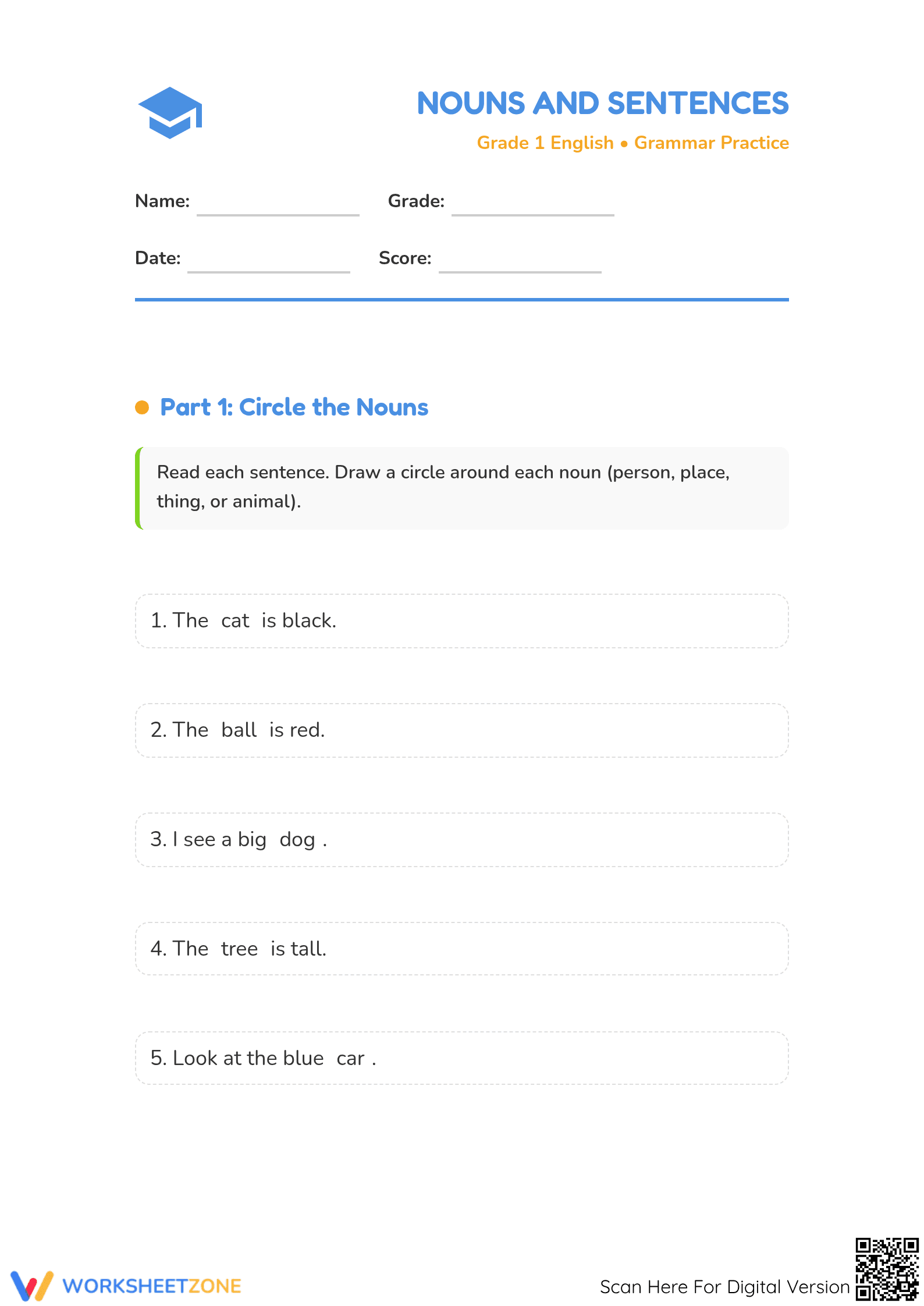Printable Grade 1 Nouns and Sentences Practice Worksheet - Page 1