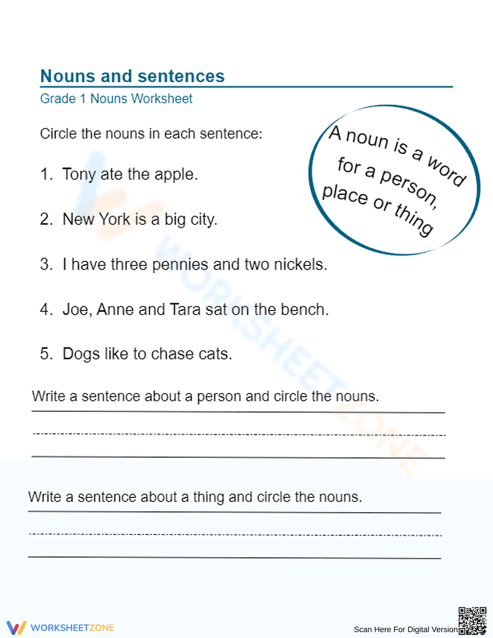Essential Nouns and Sentences Worksheet | Grade 1 ELA - Page 1
