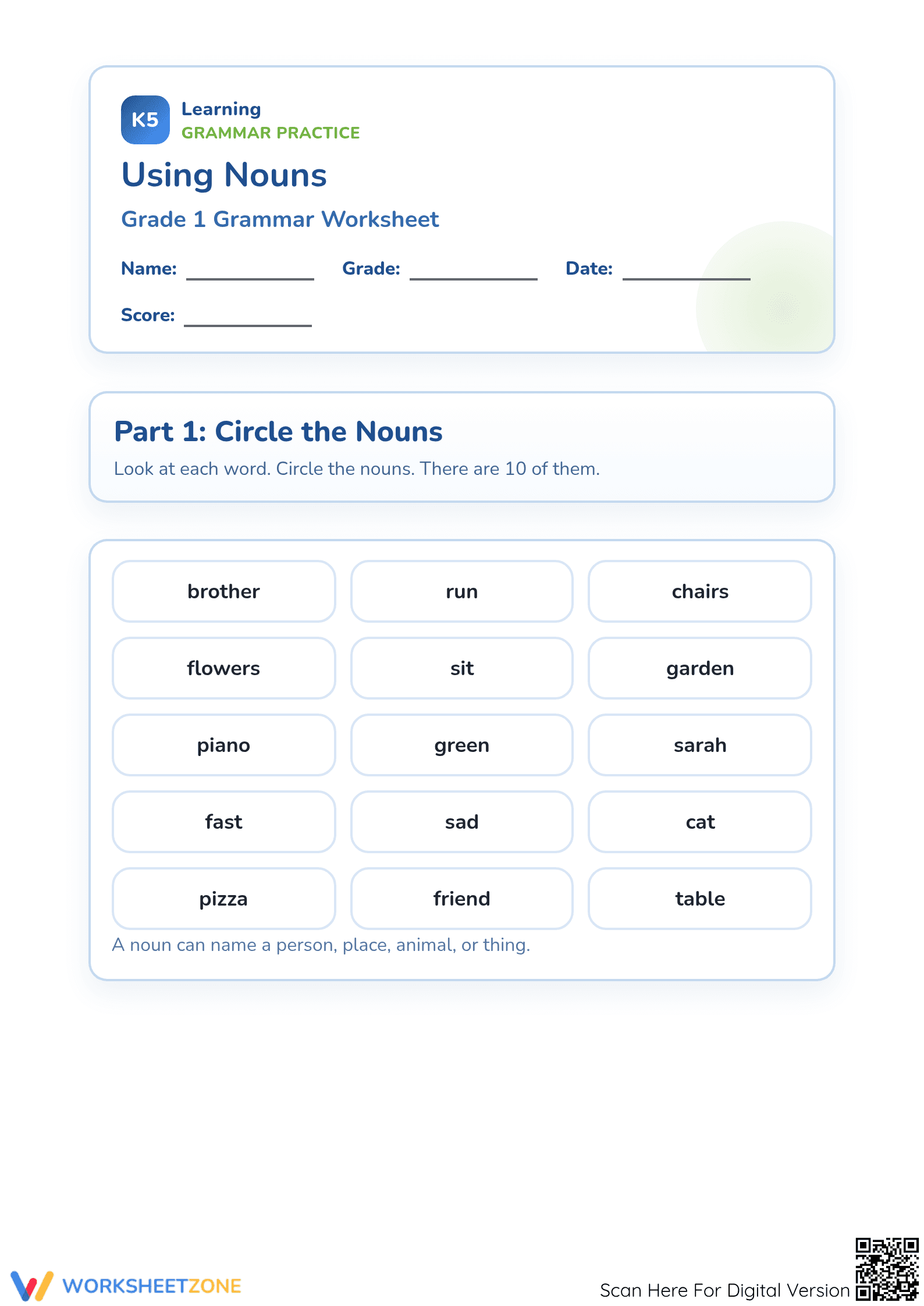 Grade 1 Nouns — Printable No-Prep Worksheet - Page 1
