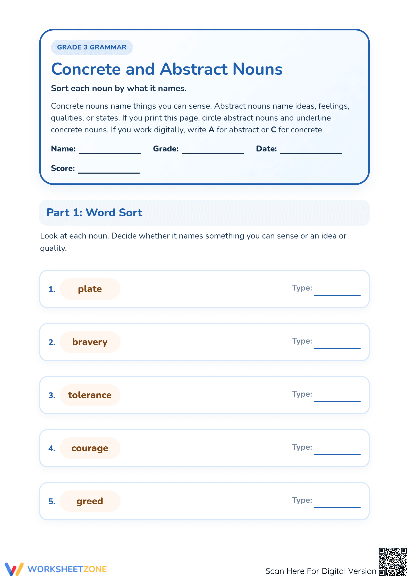 Essential Concrete and Abstract Nouns Worksheet | Grade 3 - Page 1
