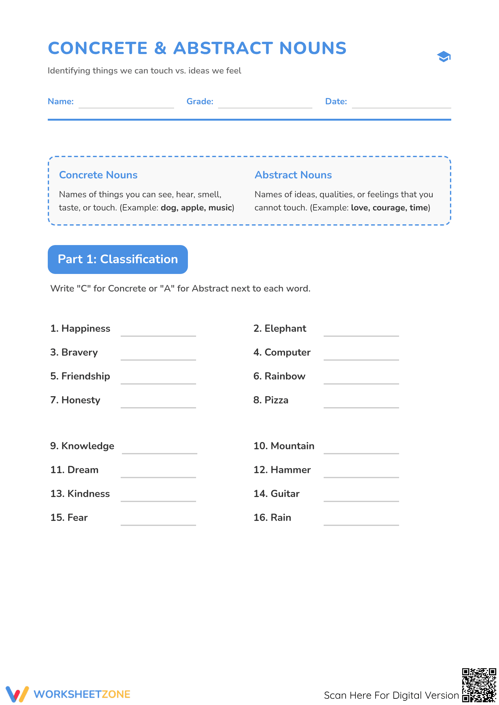 Concrete and Abstract Nouns Worksheet | Grade 3 Essential - Page 1