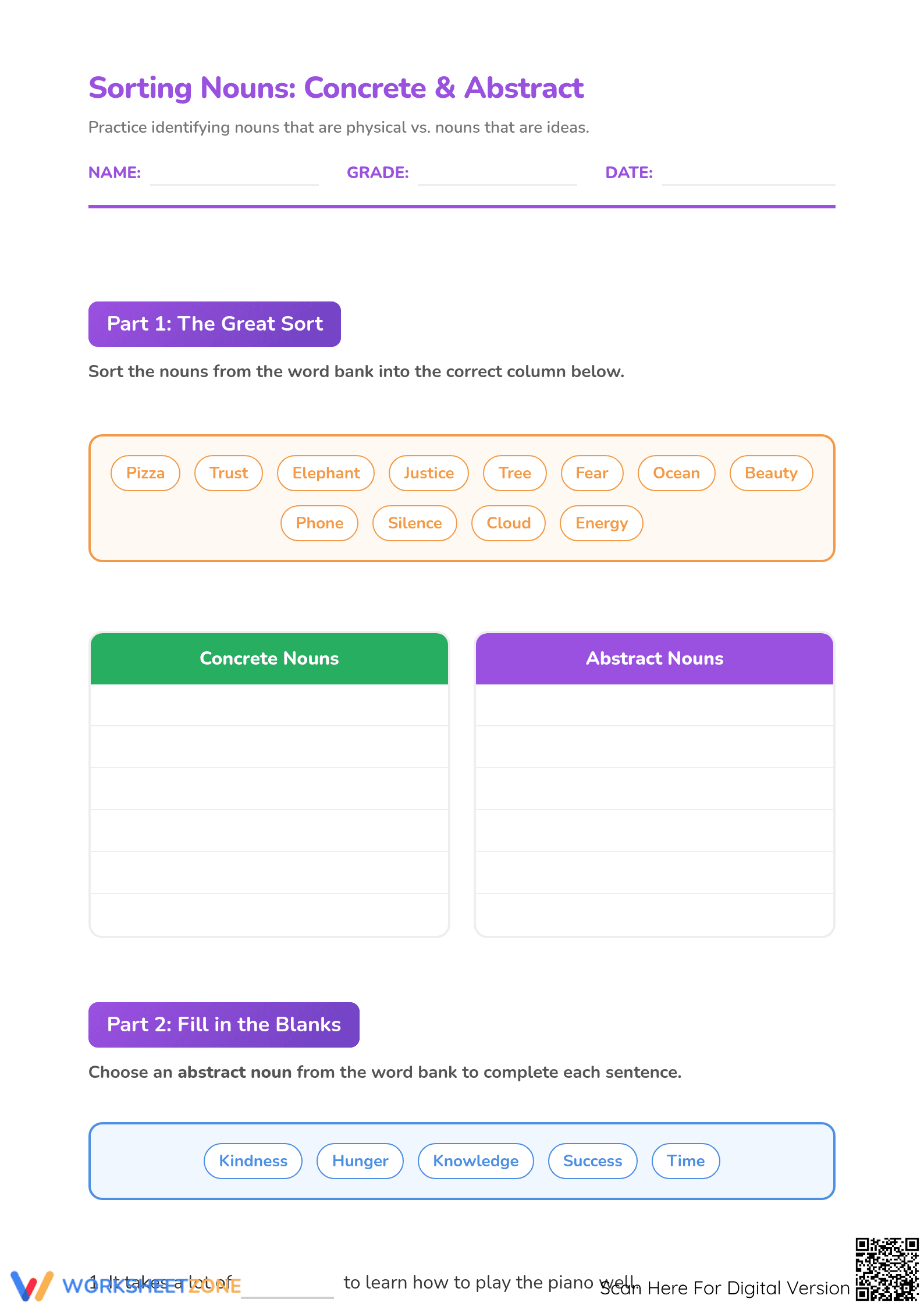 Concrete and Abstract Nouns: Essential Grade 3 Worksheet - Page 1