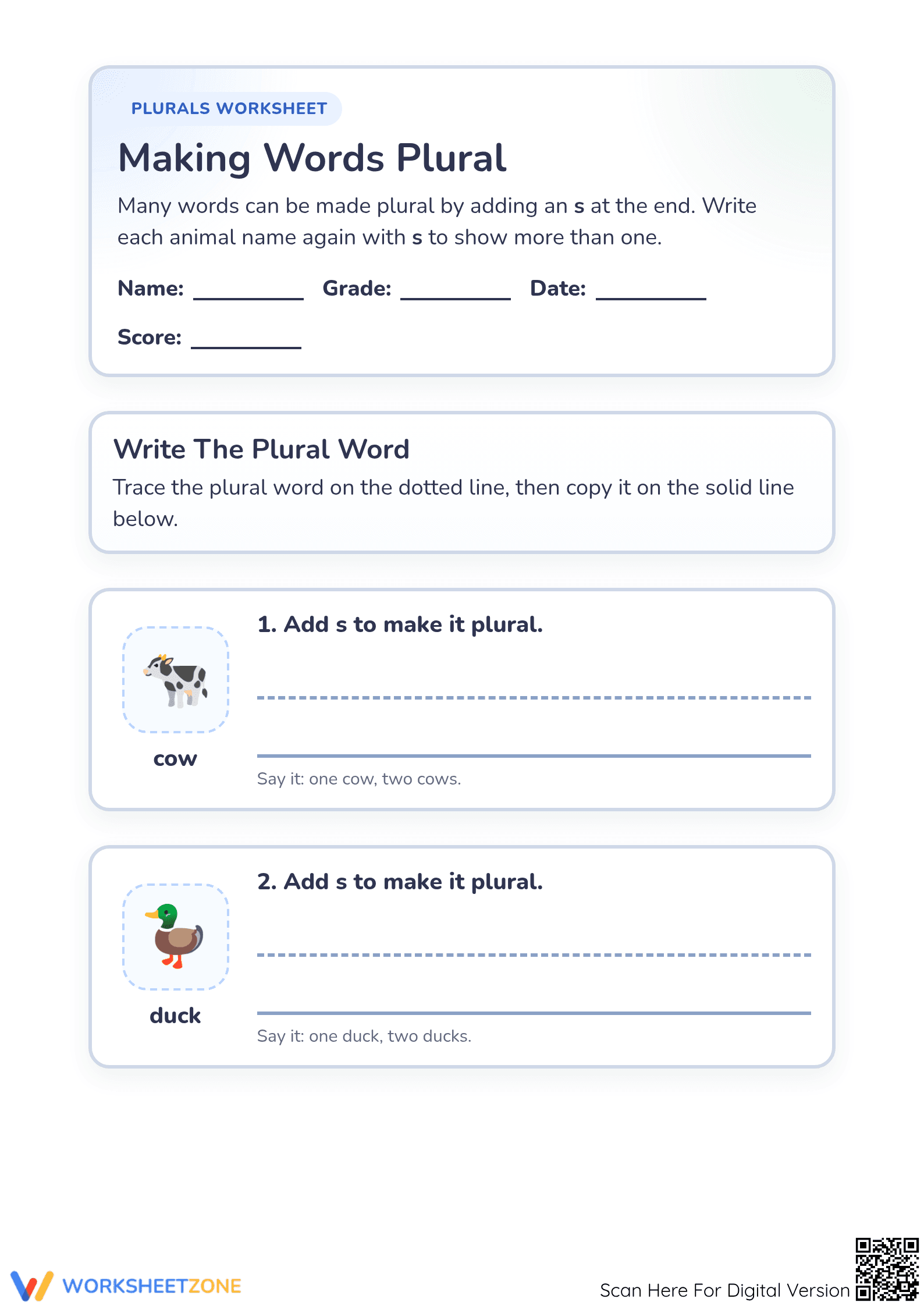 Kindergarten Plural Nouns — Printable No-Prep Worksheet - Page 1