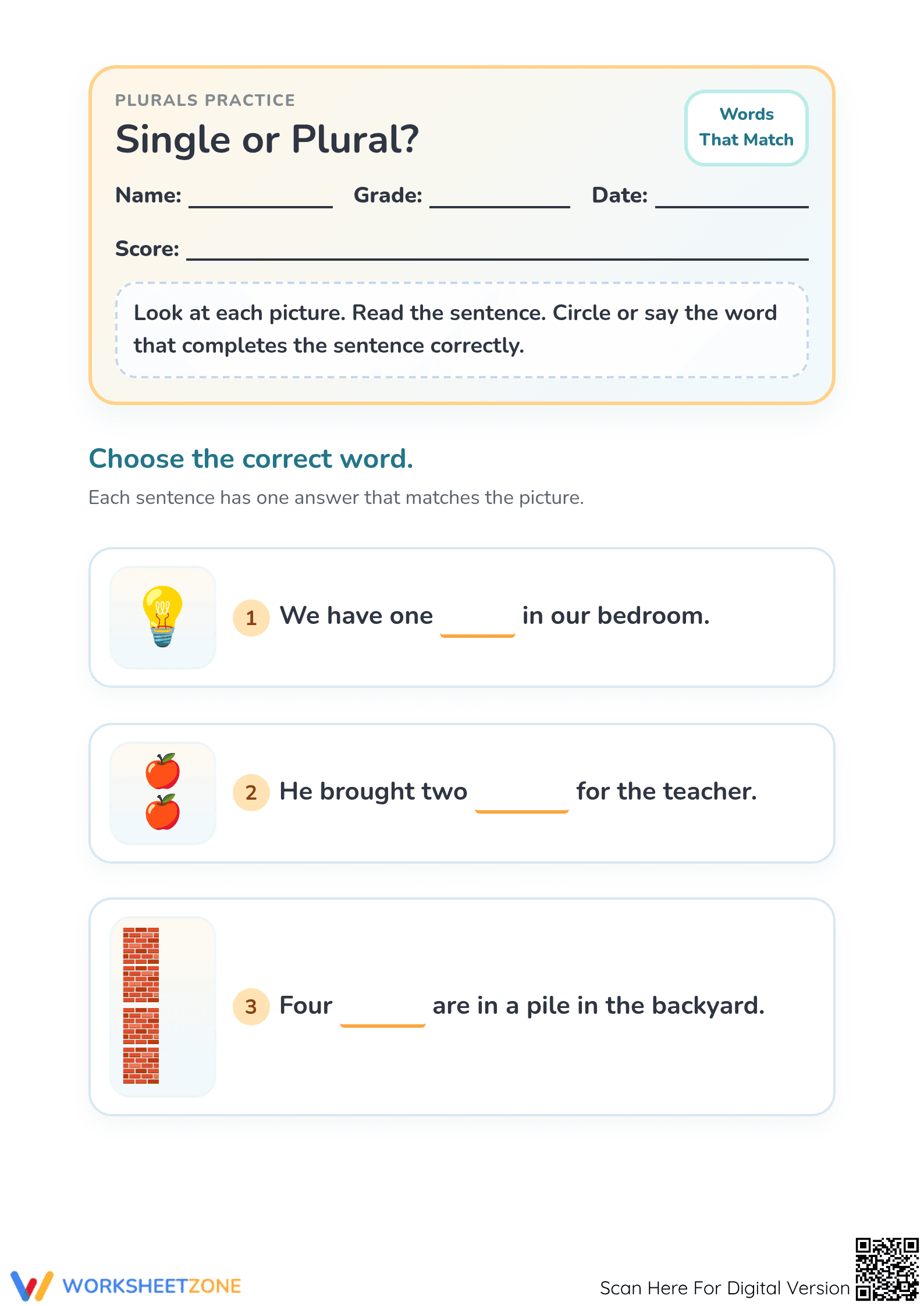 Singular and Plural Nouns Worksheet: Essential Preschool ELA - Page 1