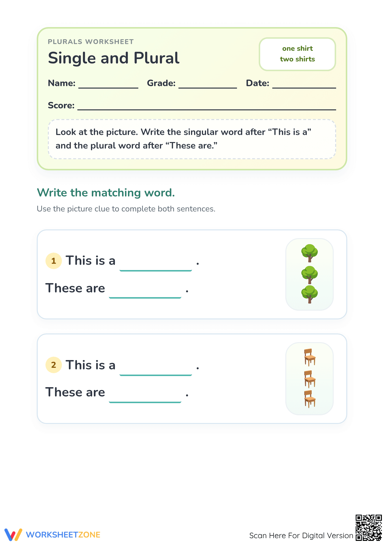 Essential Singular and Plural Nouns Worksheet | Grade K - Page 1