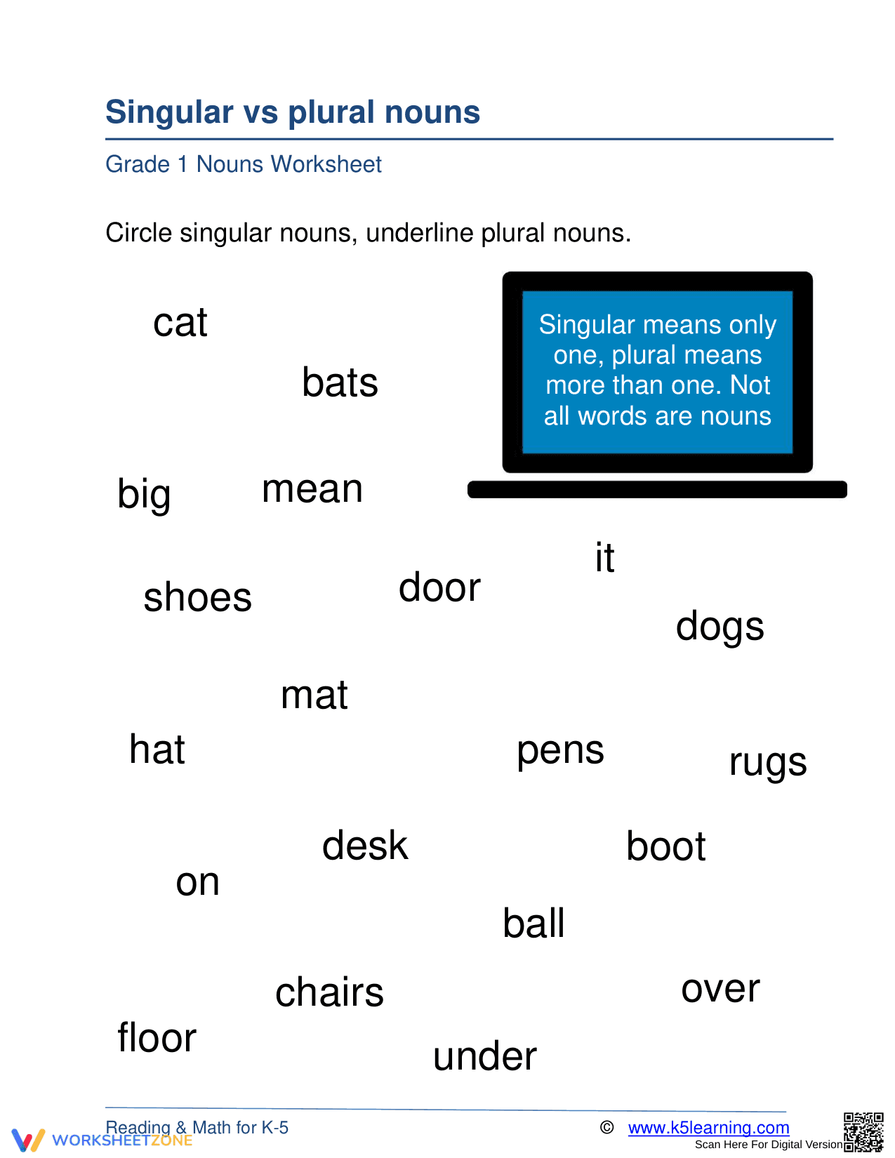 Grade 1 Singular/Plural Nouns — Printable No-Prep Worksheet - Page 1