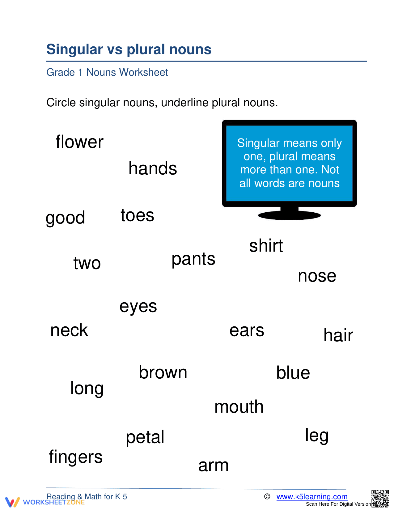 Essential Singular vs Plural Nouns Worksheet | Grade 1 - Page 1