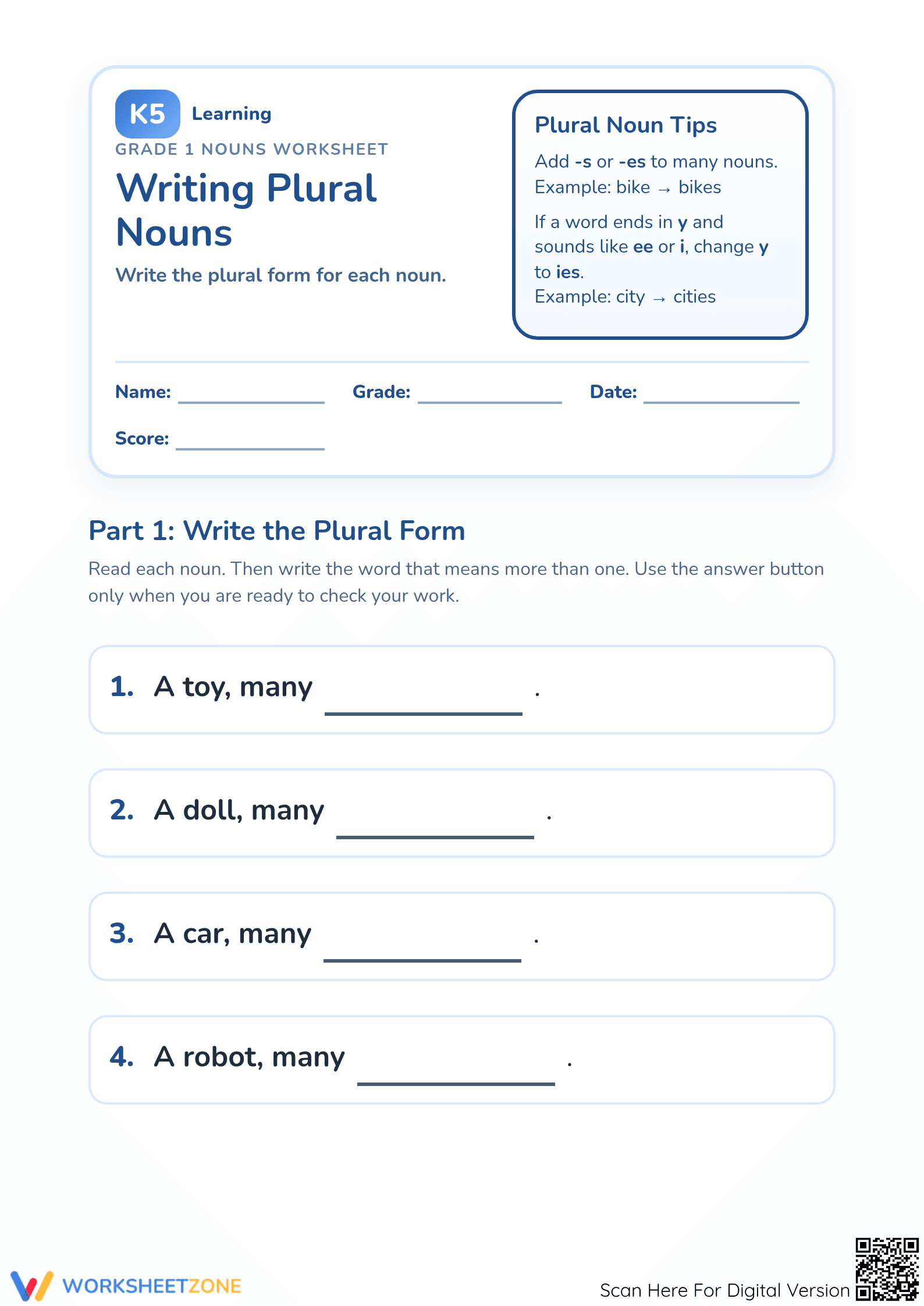 Grade 1 Plural Nouns — Printable No-Prep Worksheet - Page 1