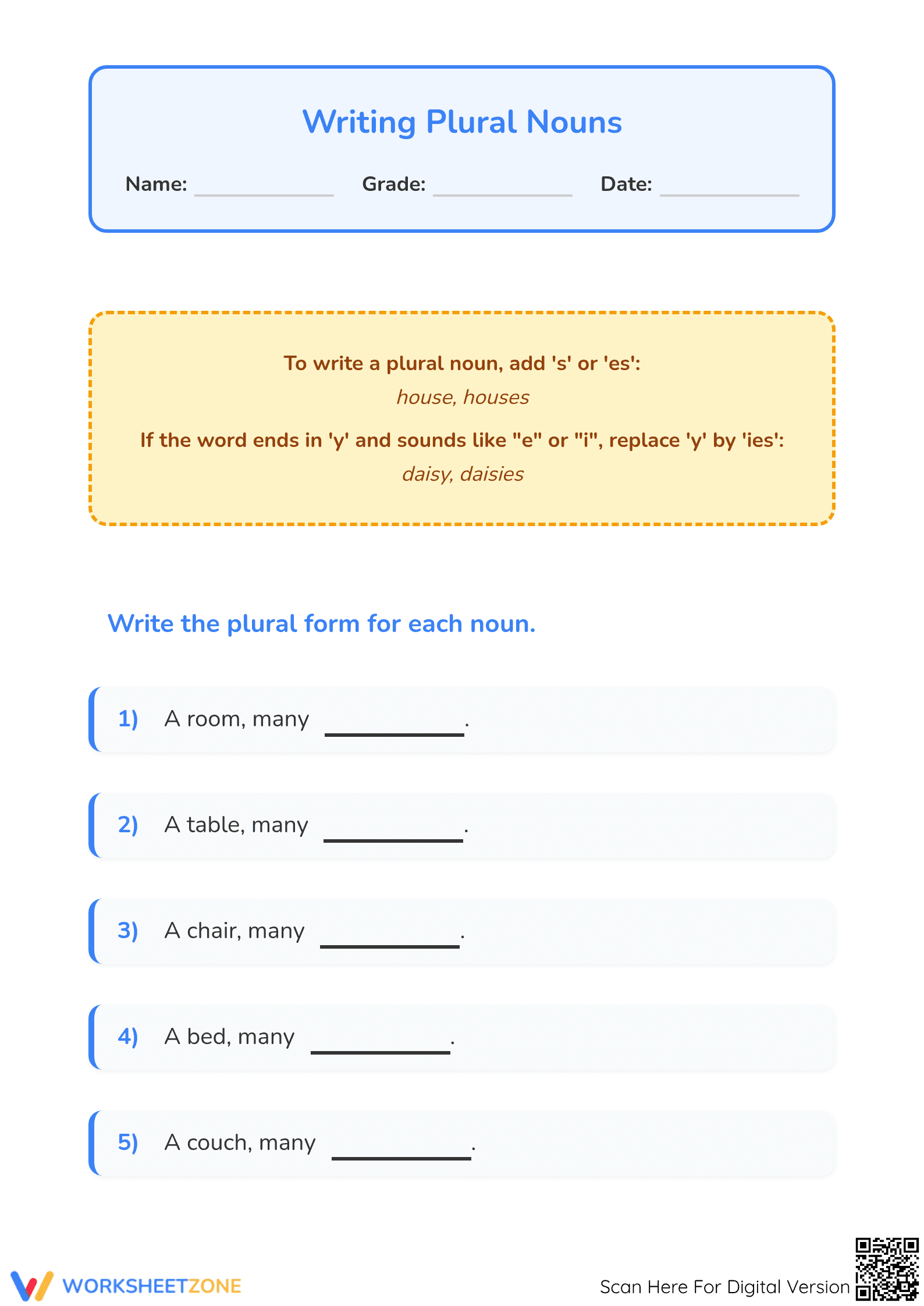Grade 1 Plural Nouns — Essential Printable Worksheet - Page 1