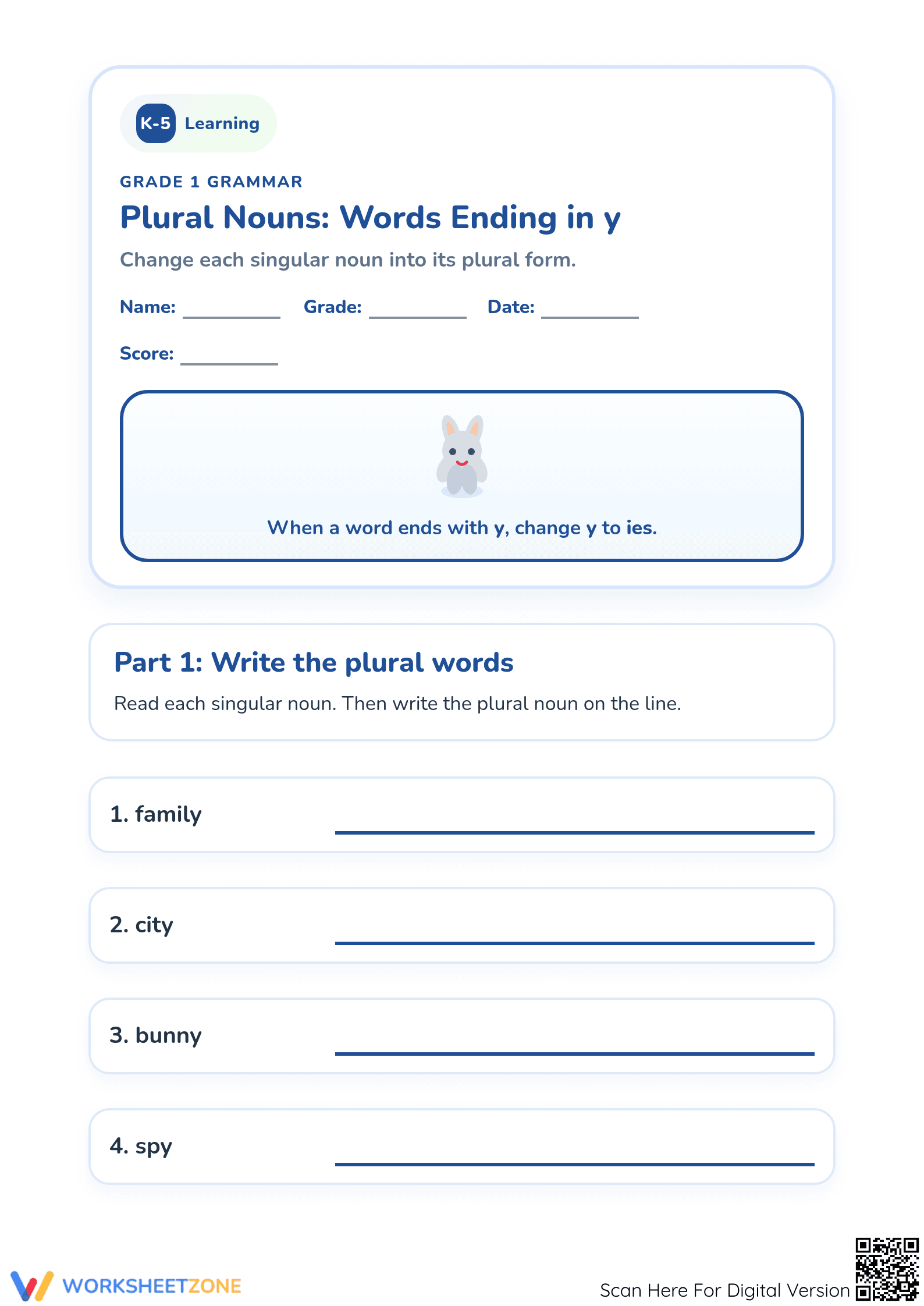 Essential Grade 1 Plural Nouns: Words Ending in y - Page 1