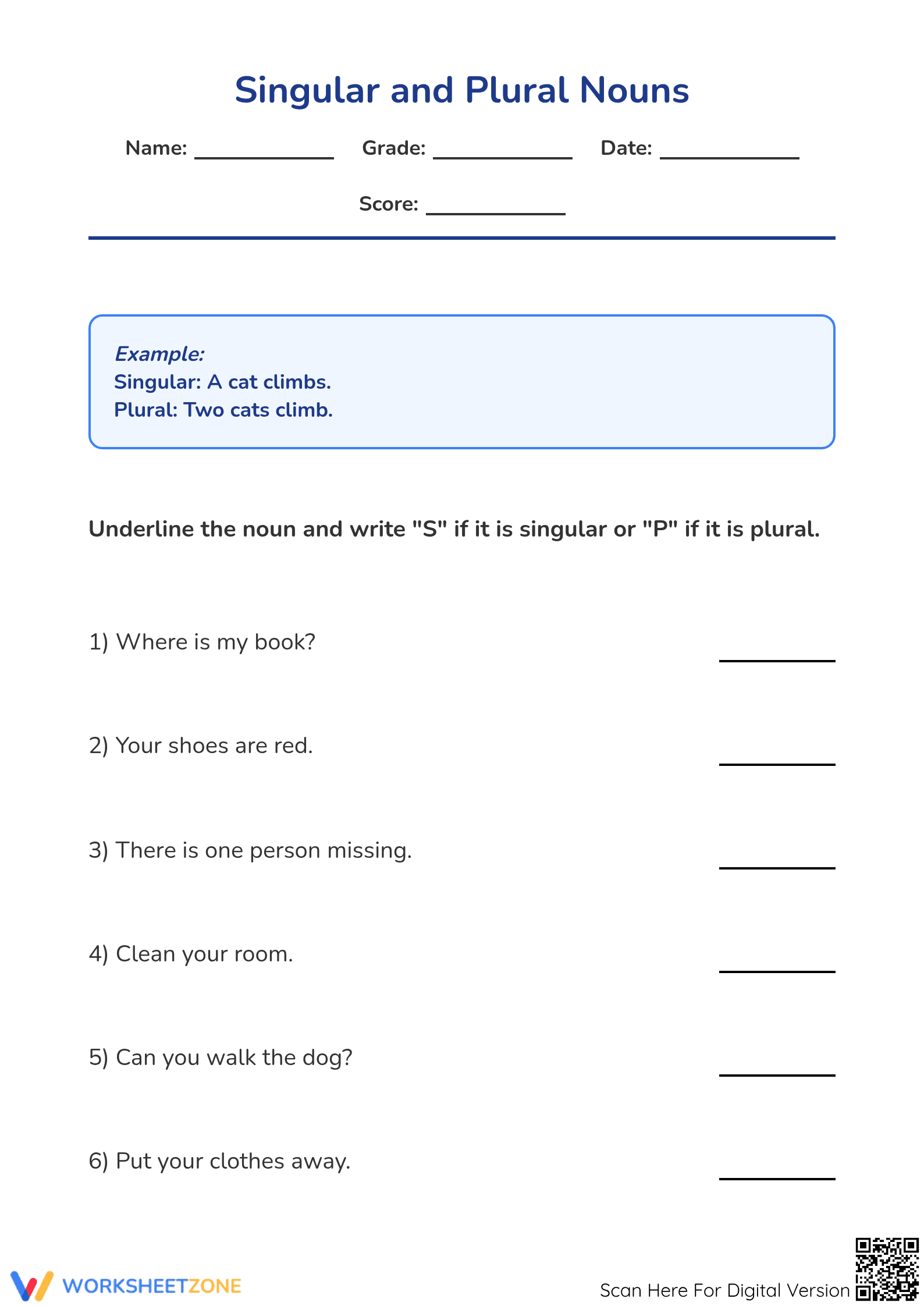 Grade 1 Singular and Plural Nouns — Printable Worksheet - Page 1