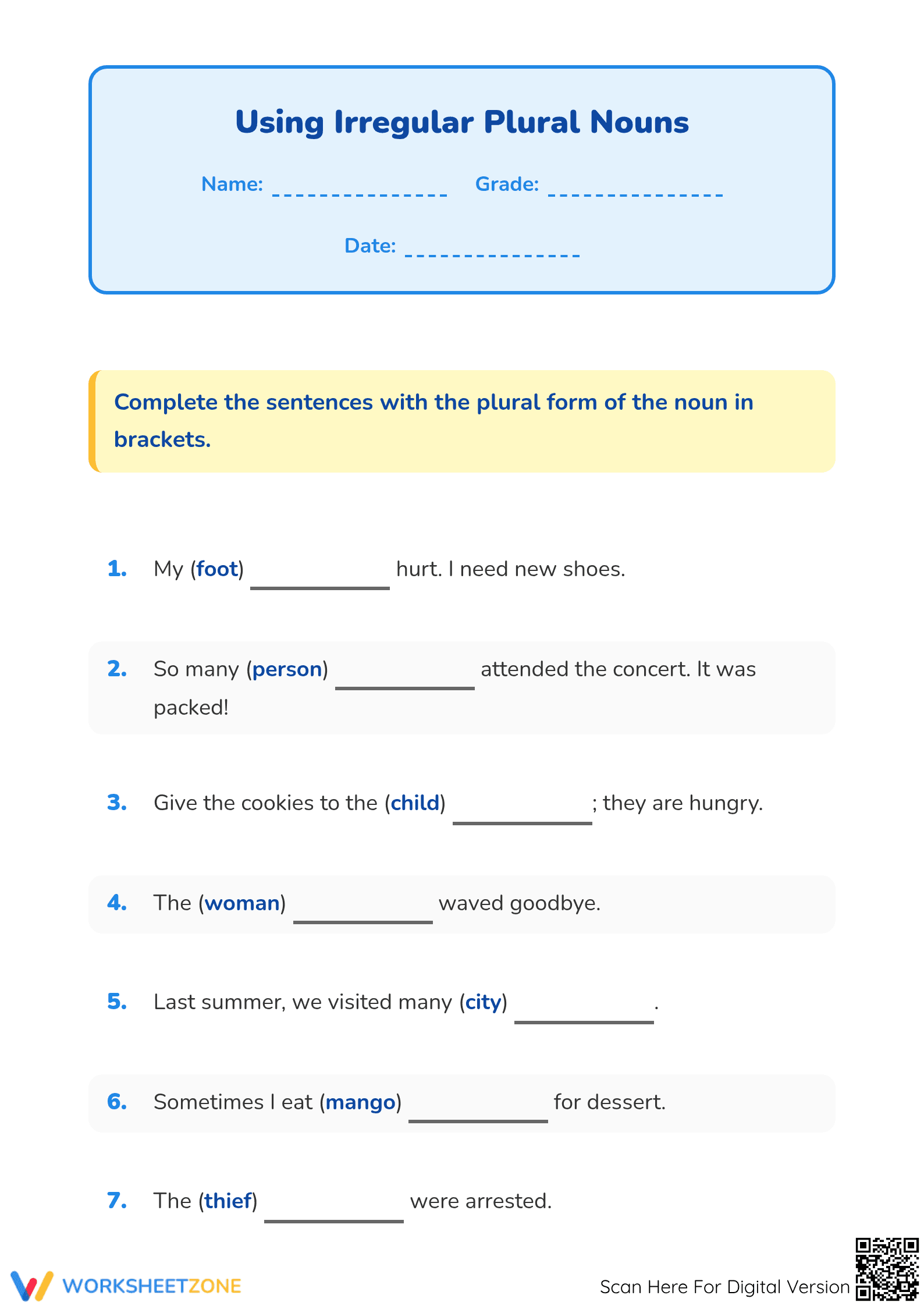Irregular Plural Nouns Worksheet | Grade 1 Printable - Page 1
