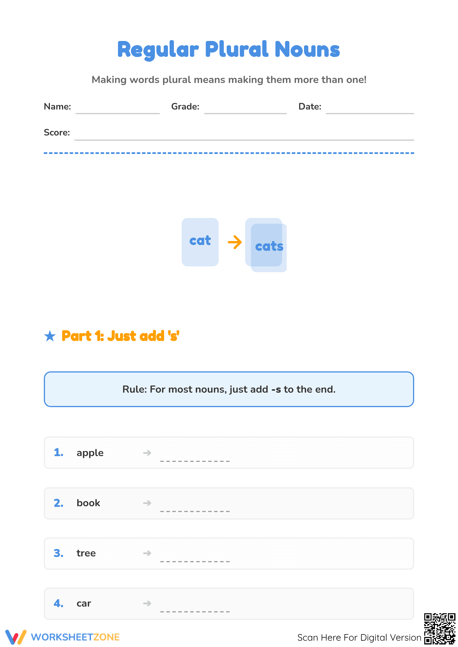 Grade 1 Regular Plural Nouns — Printable No-Prep Worksheet - Page 1
