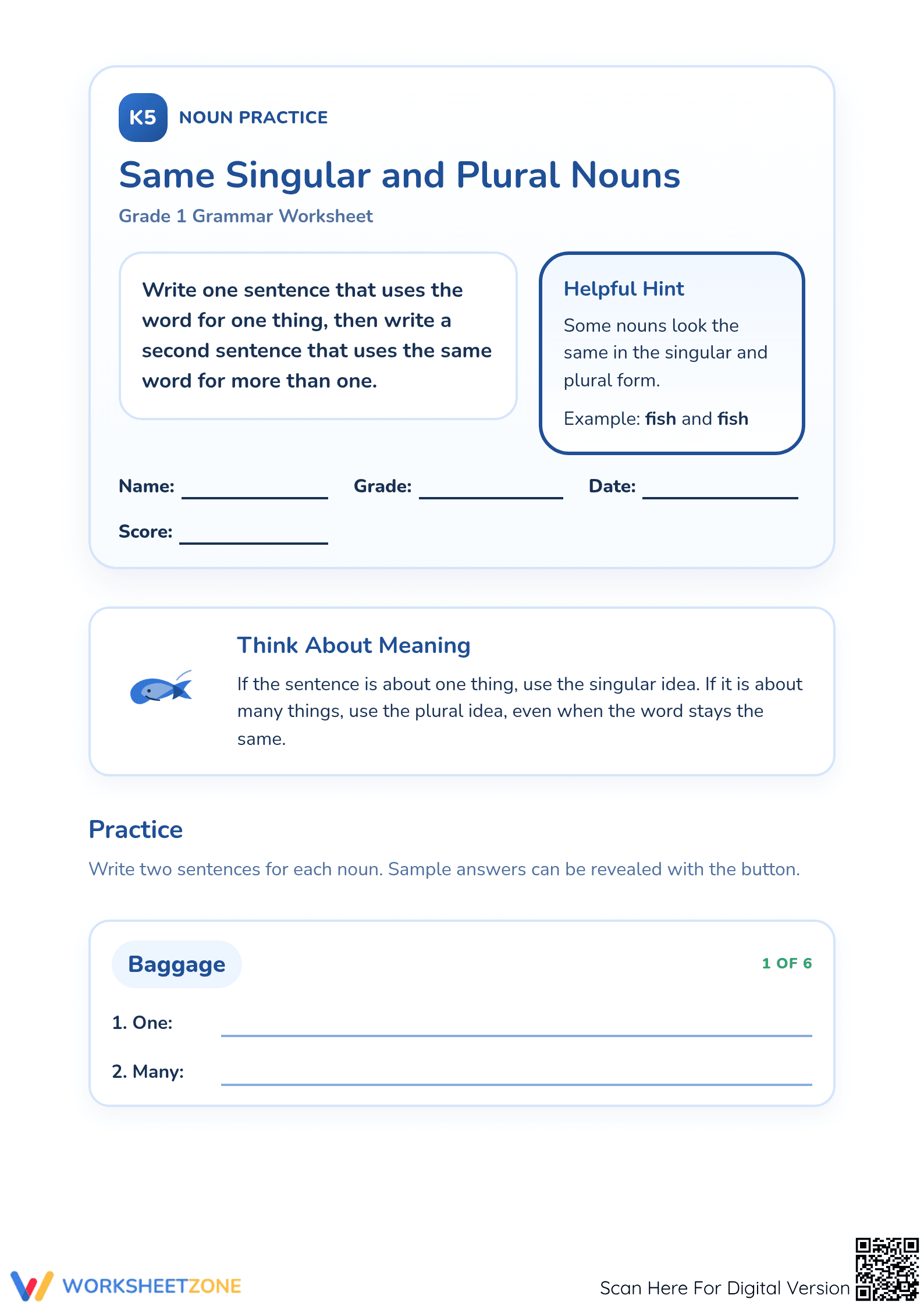 Essential Singular and Plural Nouns Worksheet | Grade 1 - Page 1