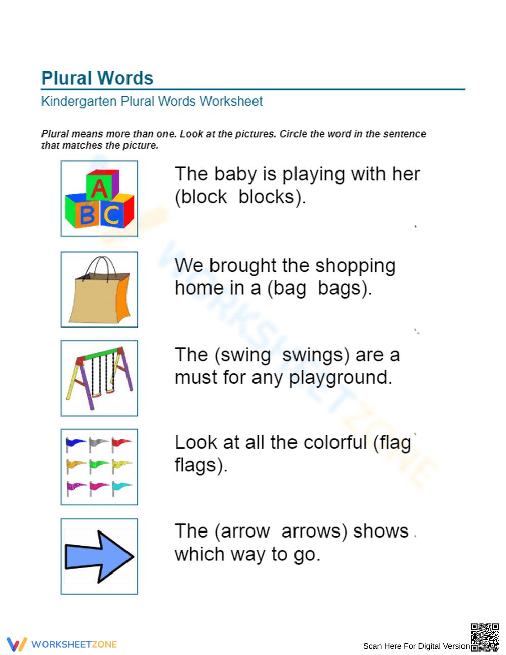 Printable Plural Words Worksheet | Kindergarten ELA - Page 1