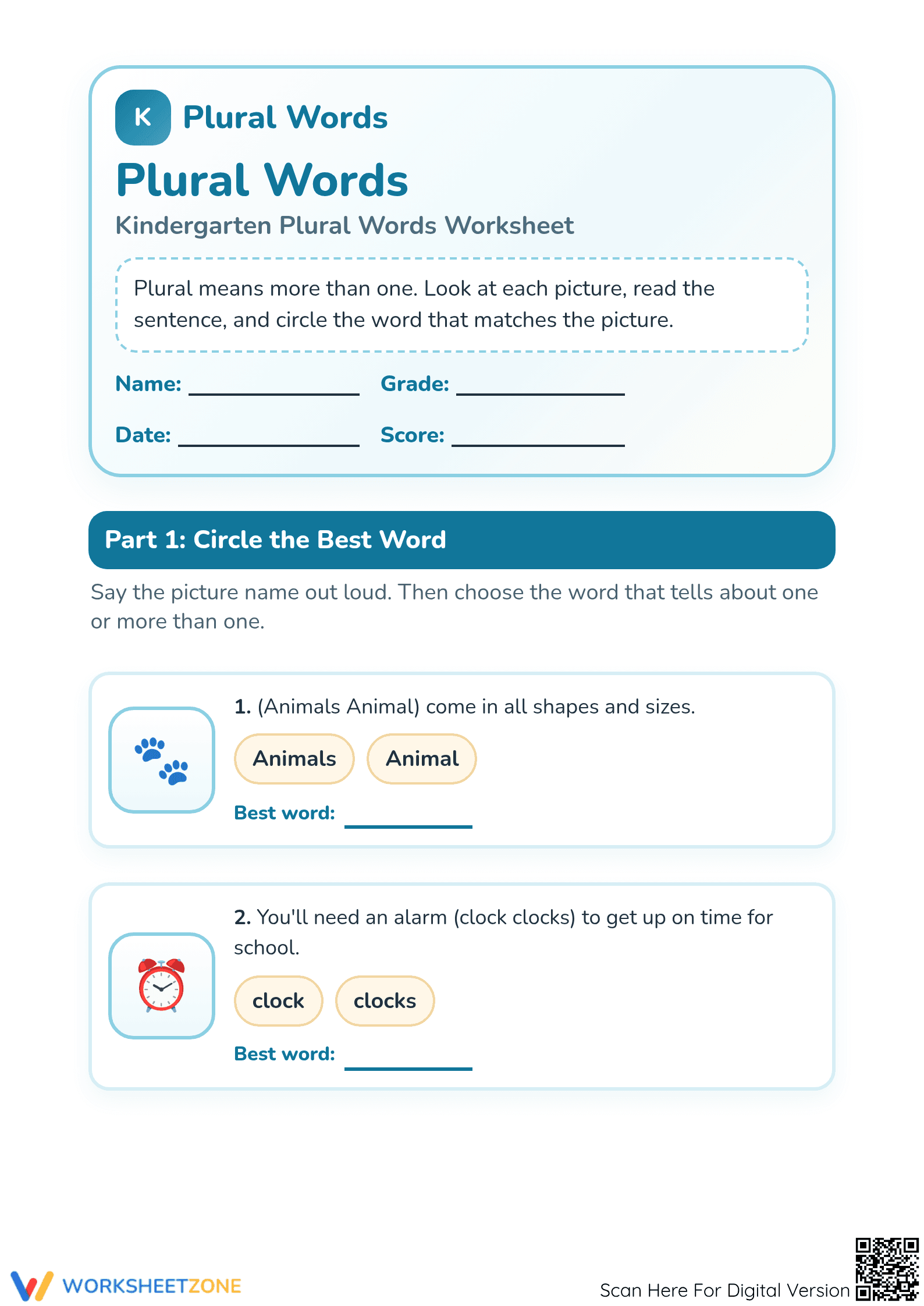 Kindergarten Plural Words Worksheet | Essential Practice - Page 1