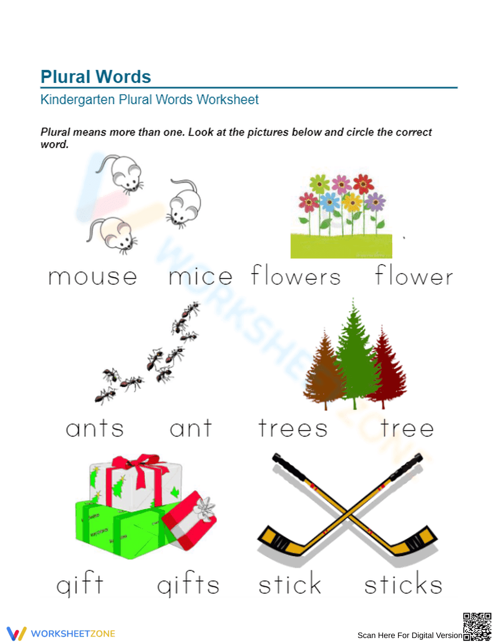 Printable Plural Nouns Worksheet | Kindergarten - Page 1