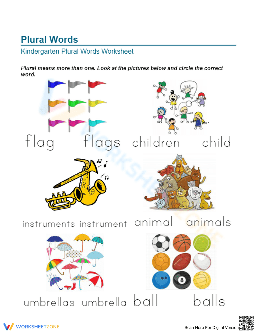 Kindergarten Plural Words — Printable No-Prep Worksheet - Page 1