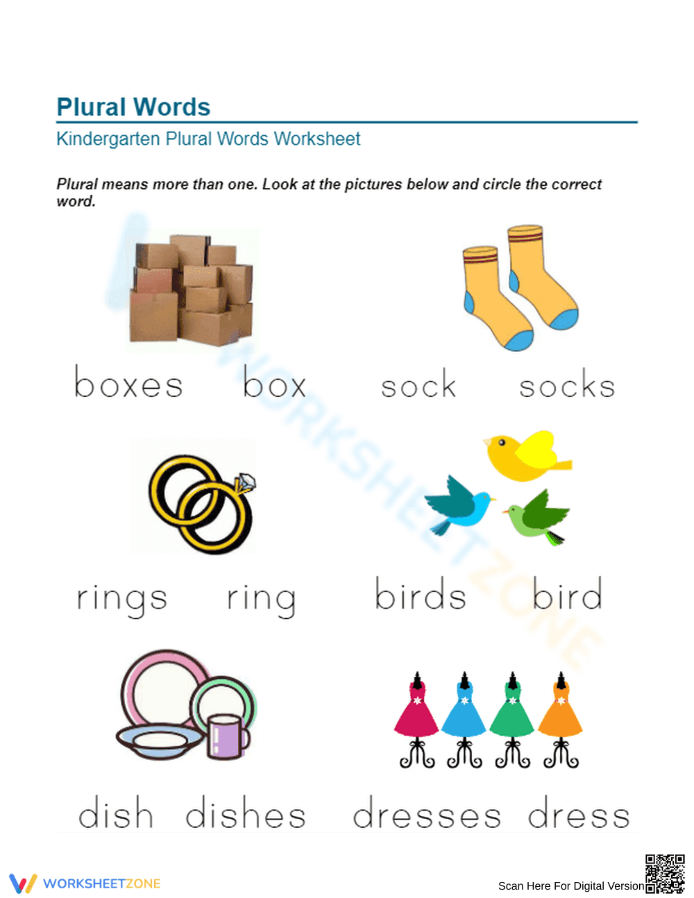 Plural Nouns Printable Worksheet | Grade K ELA - Page 1