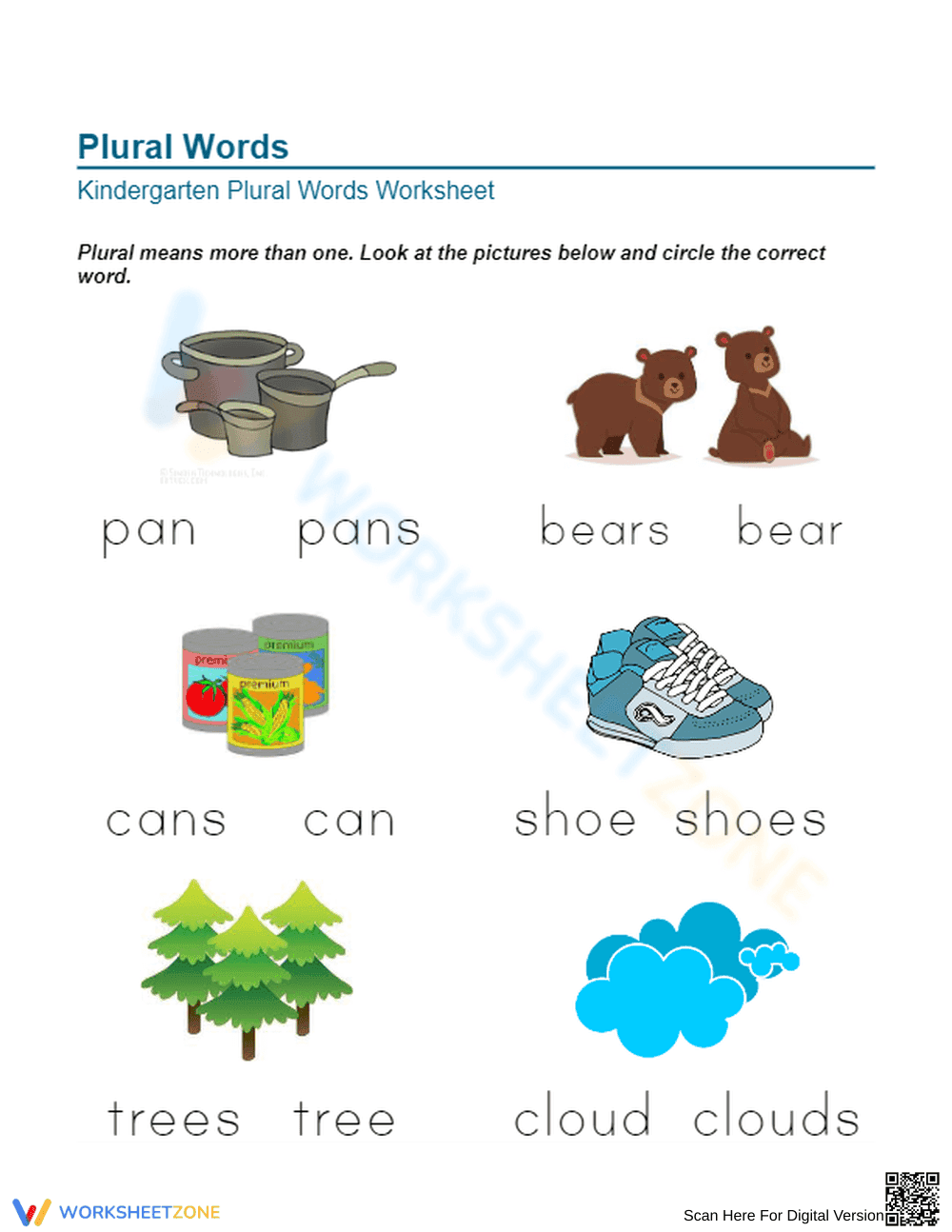 Kindergarten Plural Nouns Printable Worksheet - Page 1