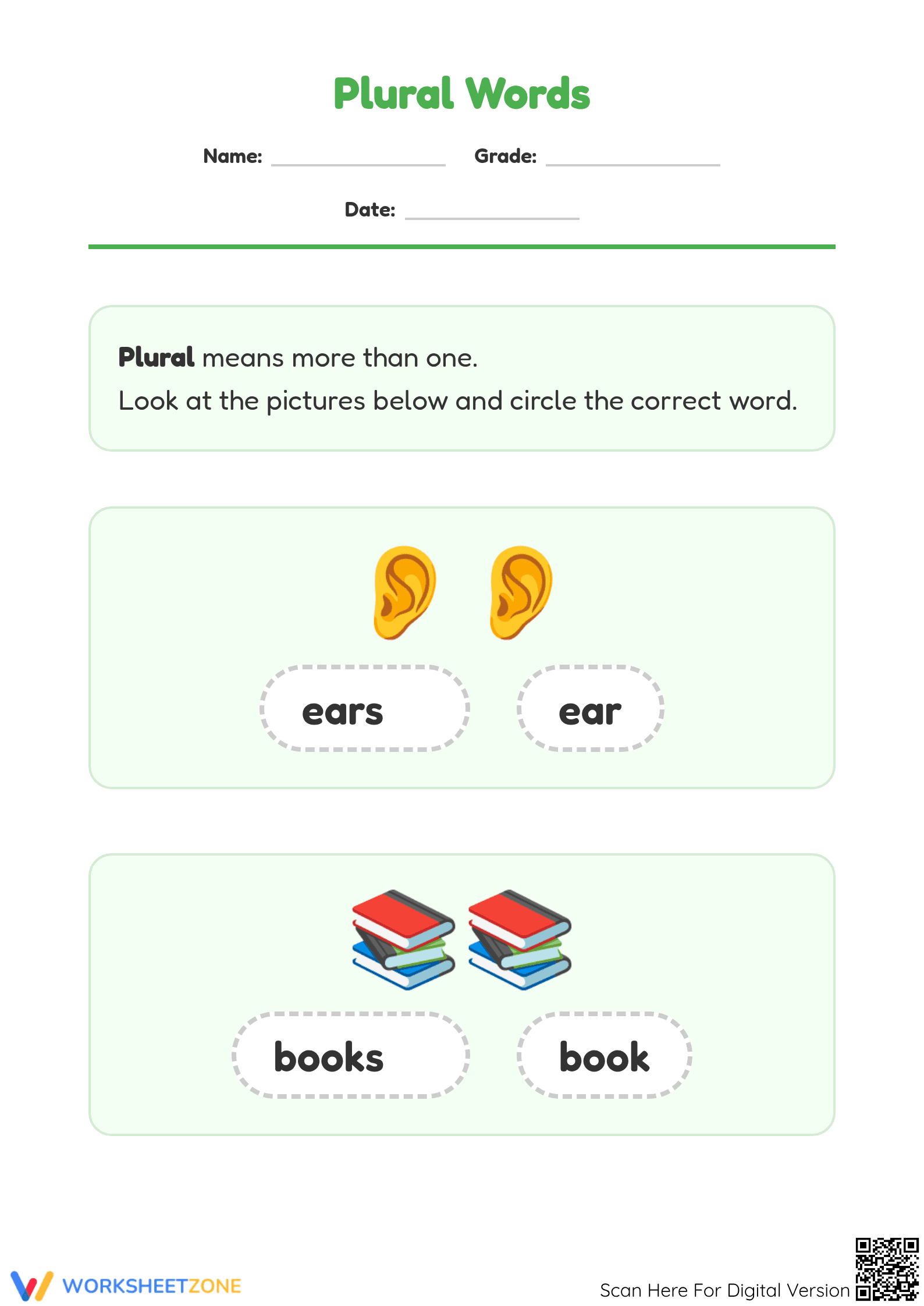 Kindergarten Plural Words — Printable No-Prep Worksheet - Page 1