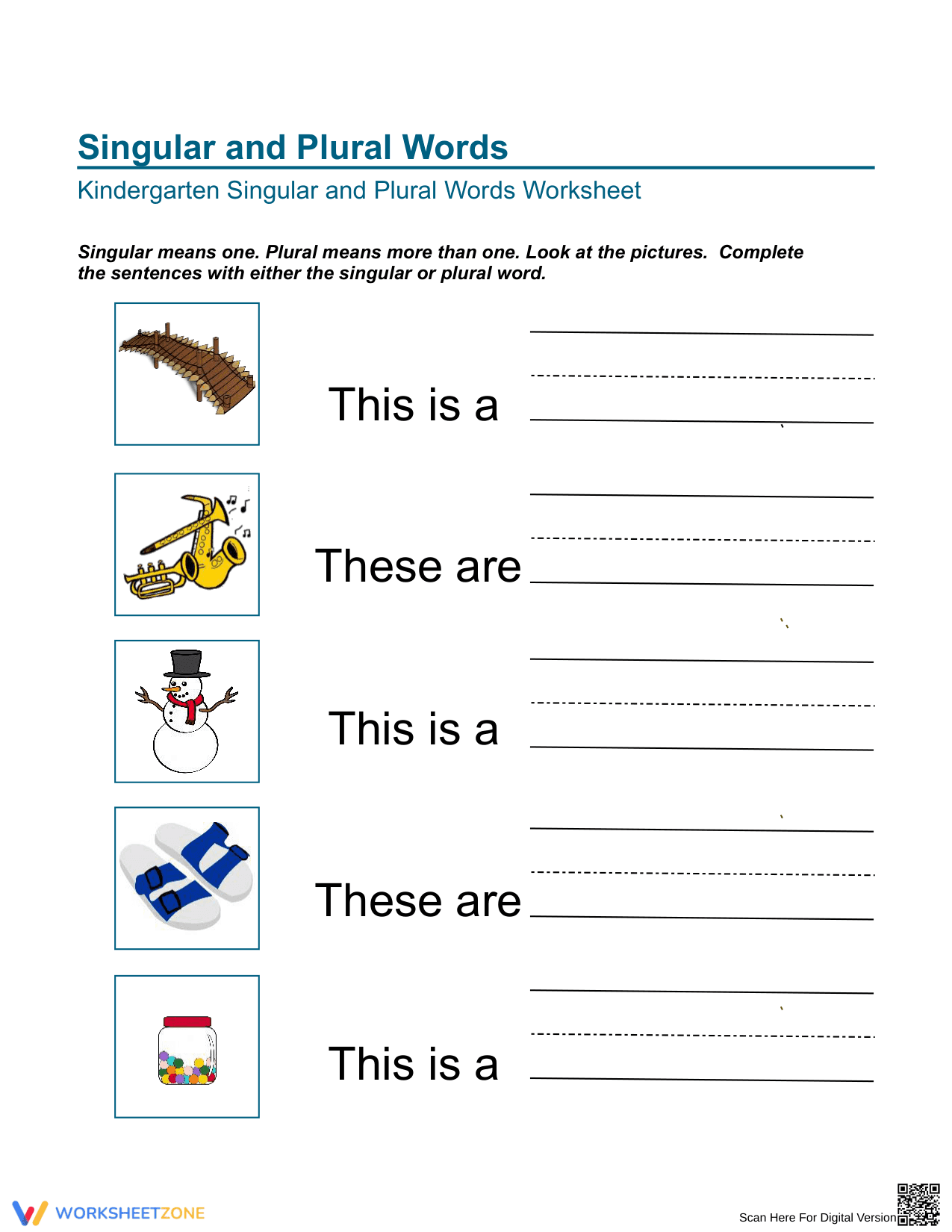 Singular and Plural Nouns | Printable Grade K Worksheet - Page 1