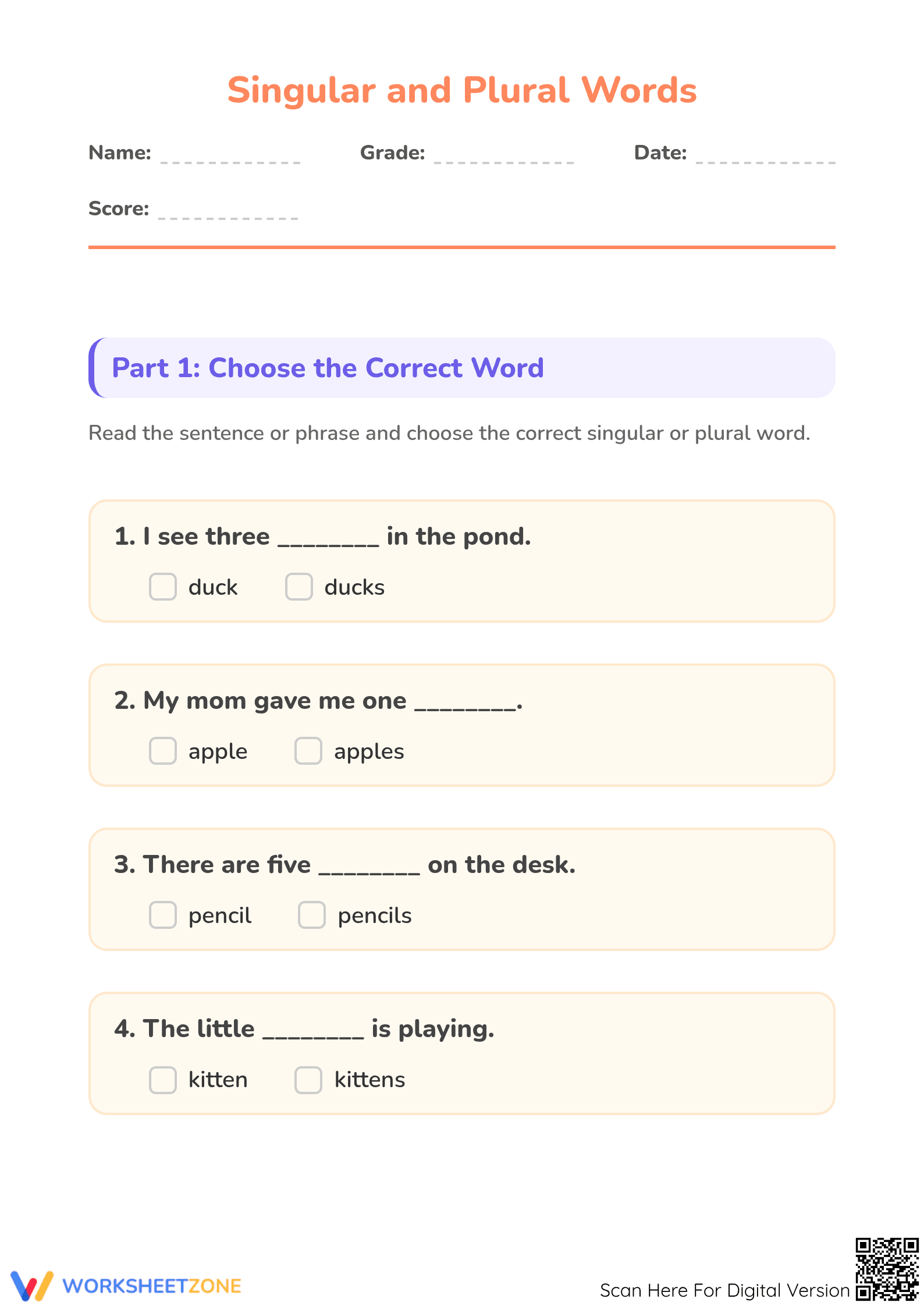 Grade 1 Singular and Plural Nouns | Essential Worksheet - Page 1