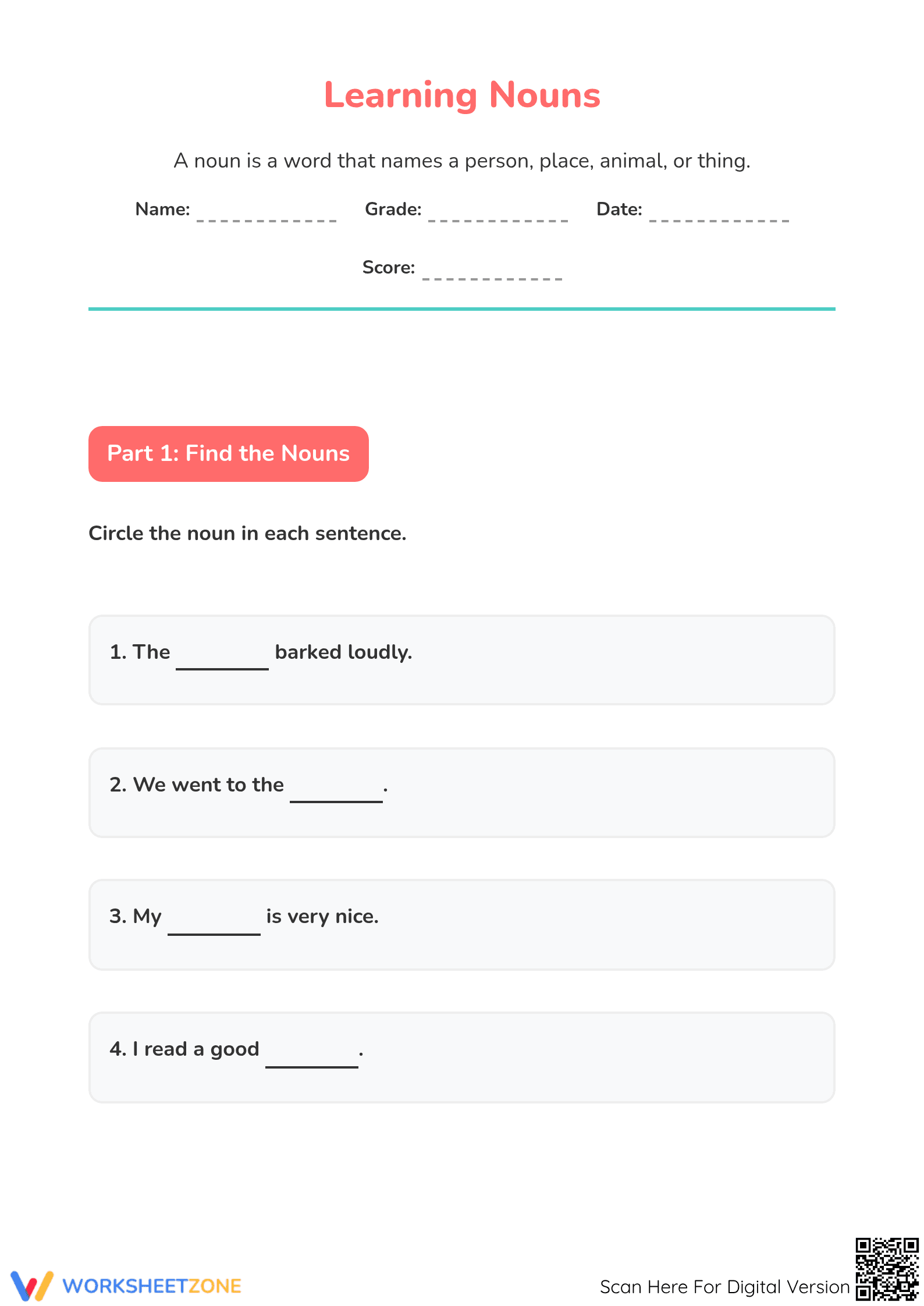 Essential Nouns Practice Worksheet | Grades 1-3 - Page 1