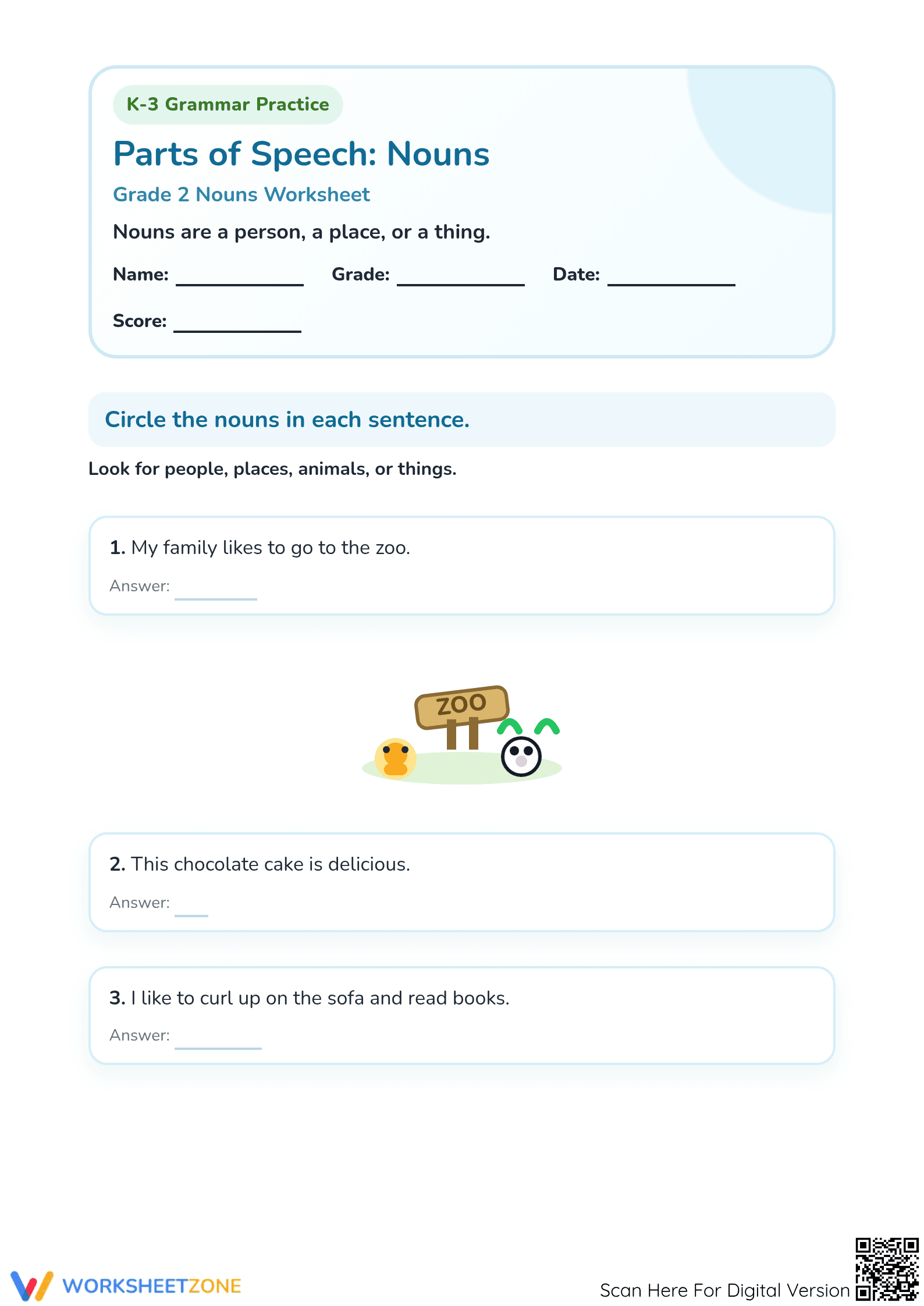 Essential Nouns Practice Worksheet | Grade 2 ELA - Page 1