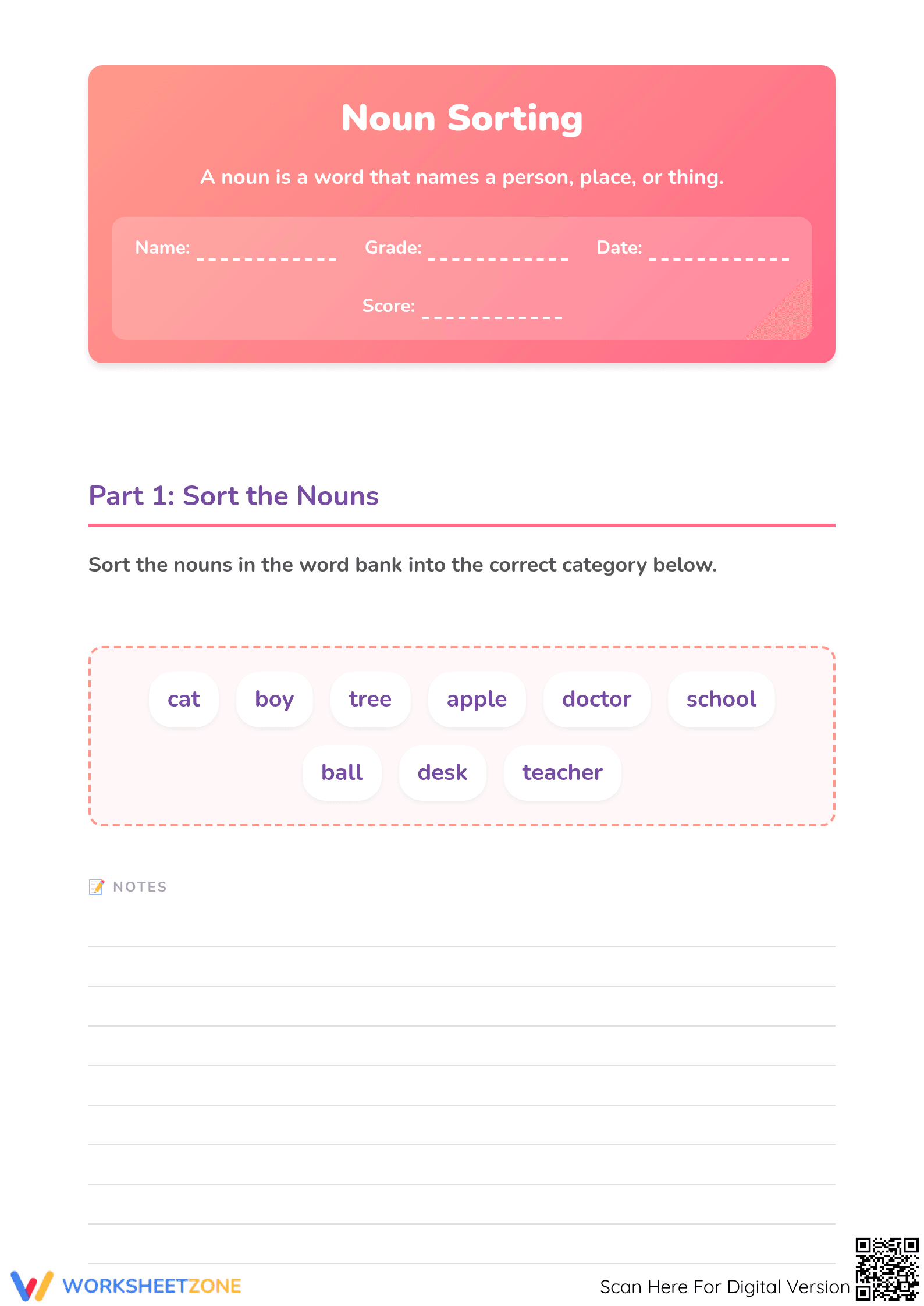 Grade 1-3 Noun Sorting — Printable No-Prep Worksheet - Page 1