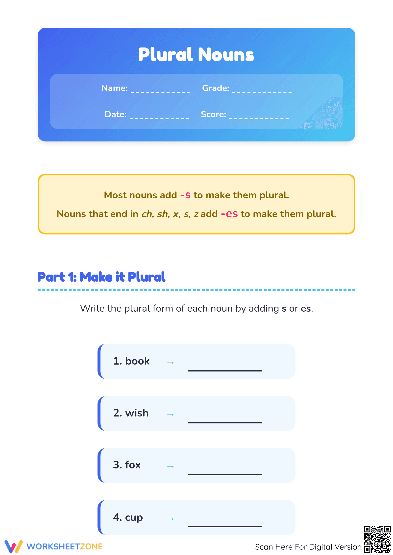 Essential Plural Nouns Worksheet | Grade 1-3 ELA - Page 1