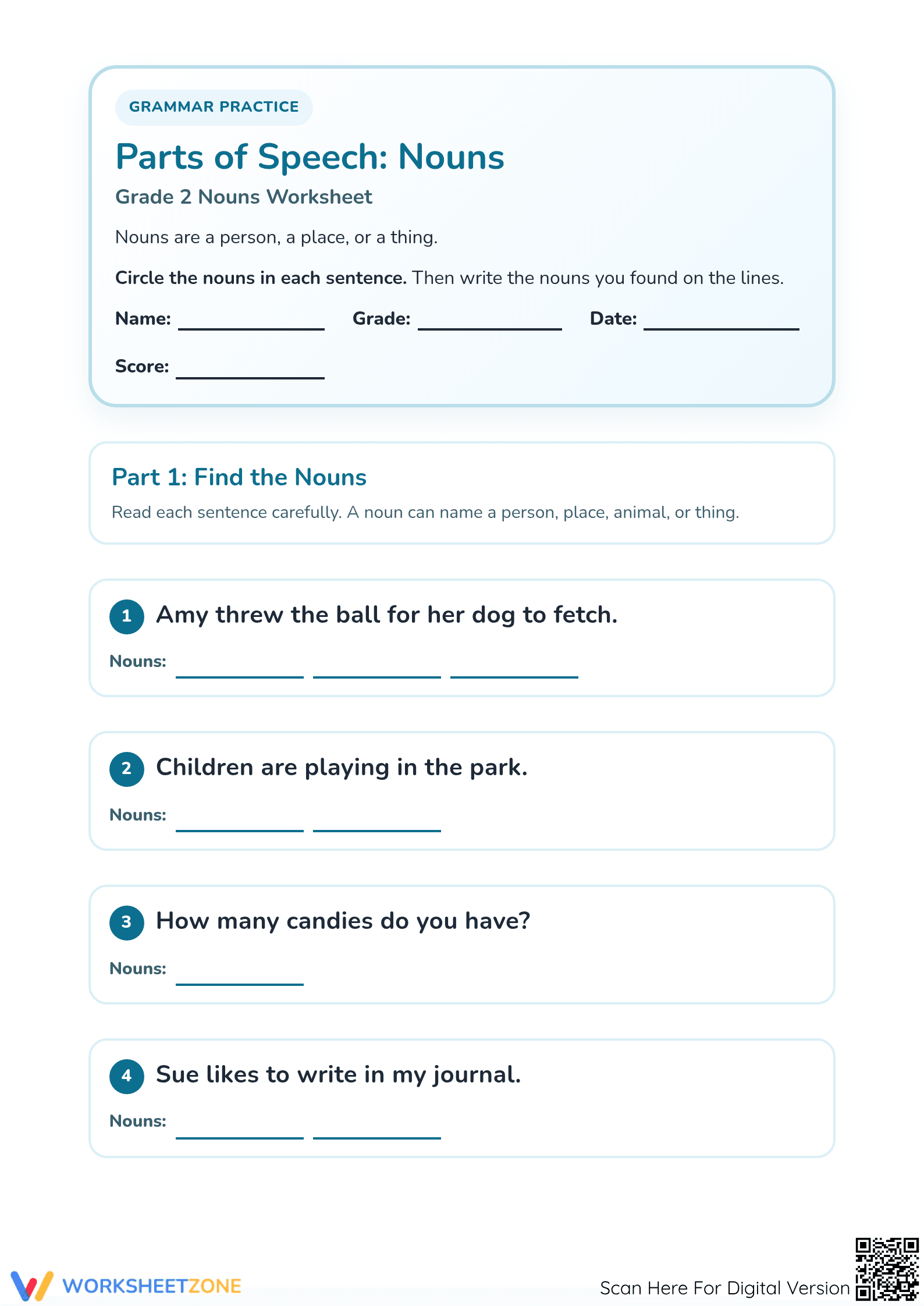 Grade 2 Nouns Practice — Printable No-Prep Worksheet - Page 1