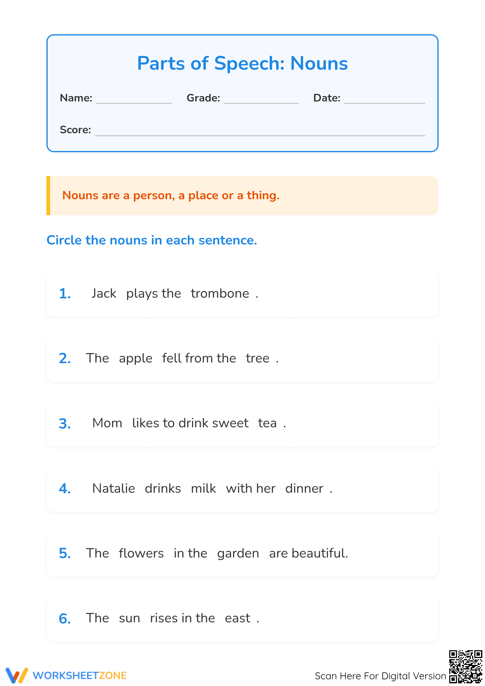 Grade 1-3 Nouns Worksheet — Printable No-Prep Practice - Page 1